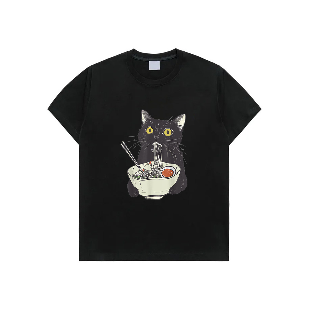 Black Cat Eats Noodle T-Shirt