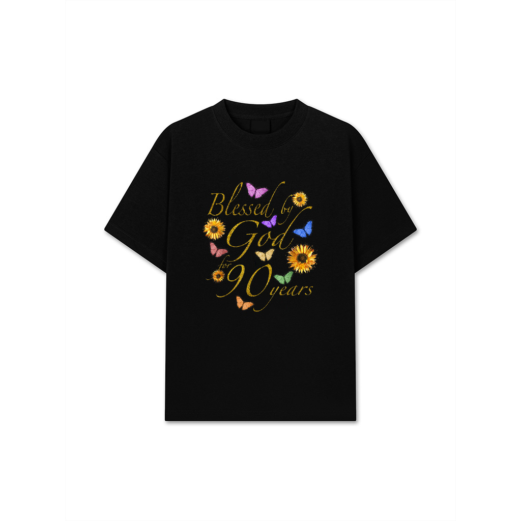 Blessed By God For 90 Year Butterfly Sunflower 90Th Birthday T-Shirt