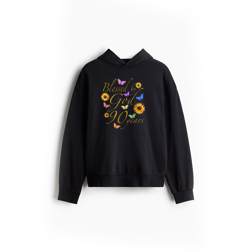 Blessed By God For 90 Year Butterfly Sunflower 90Th Birthday Hoodie
