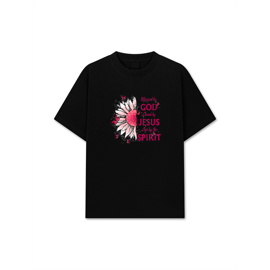 Blessed By God Loved By Jesus Pink Sunflower And Butterfly T-Shirt