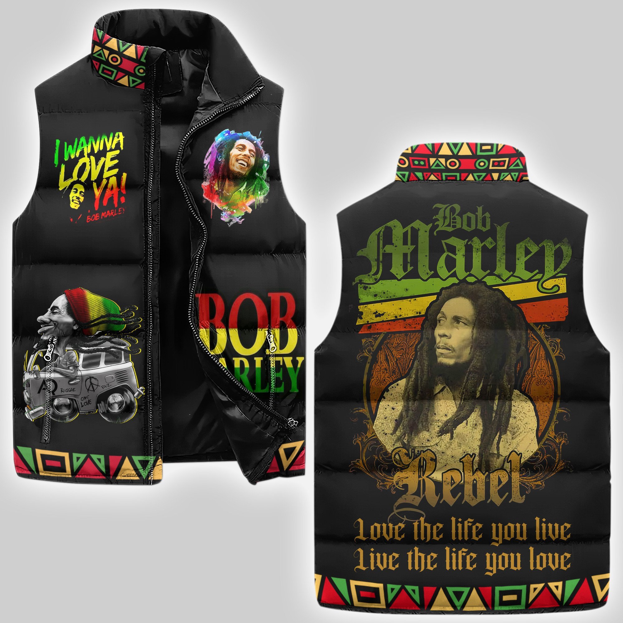 Bob Marley Music Style Sleeveless Puffer Jacket
