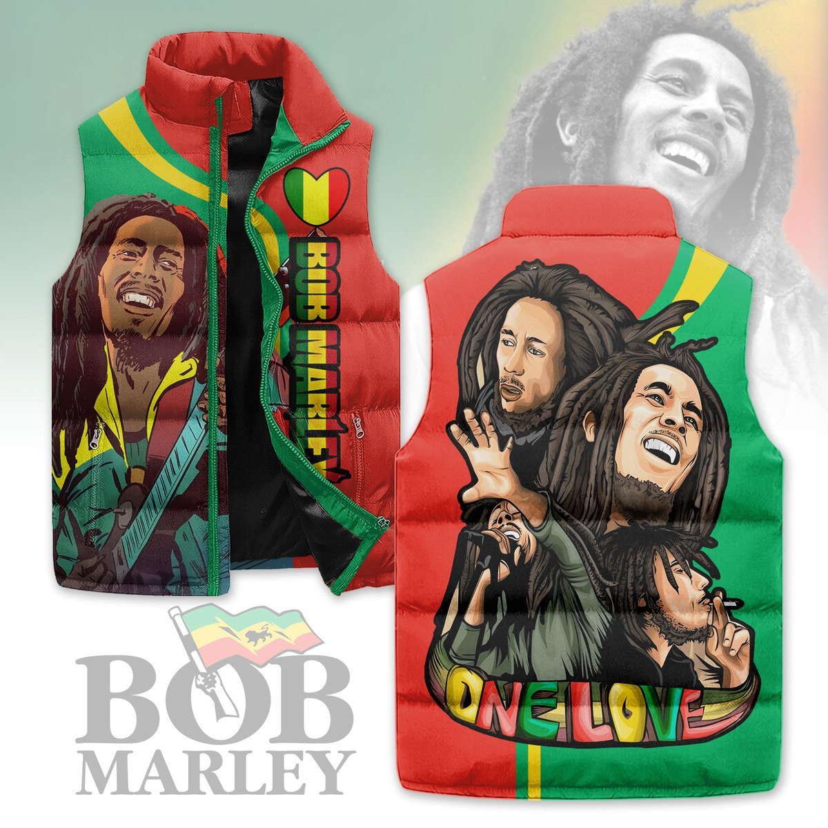 Bob Marley Music Style Sleeveless Puffer Jacket