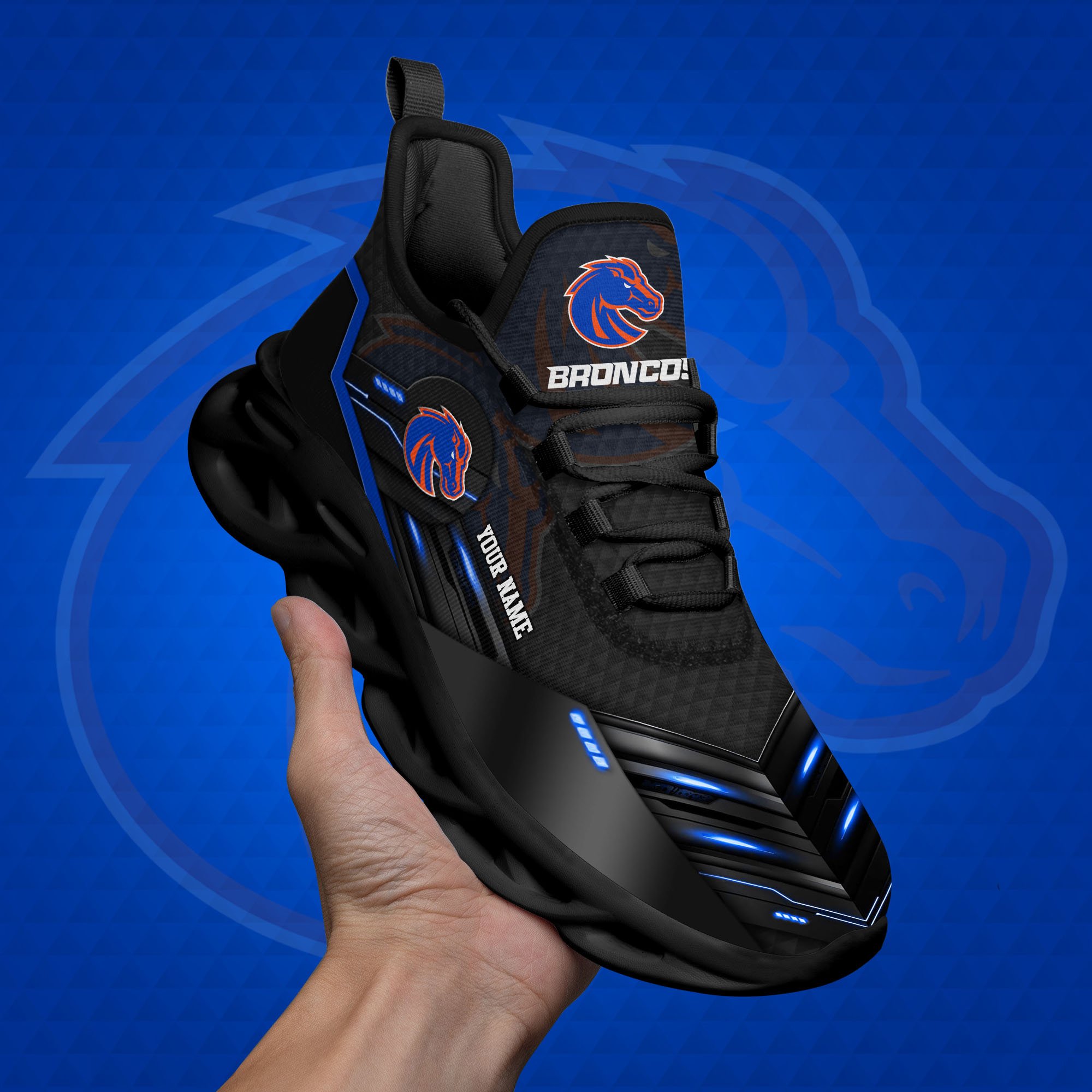 Boise State Broncos Black Clunky Sneaker Custom Name, Max Soul Shoes, Sport Gifts For Fan