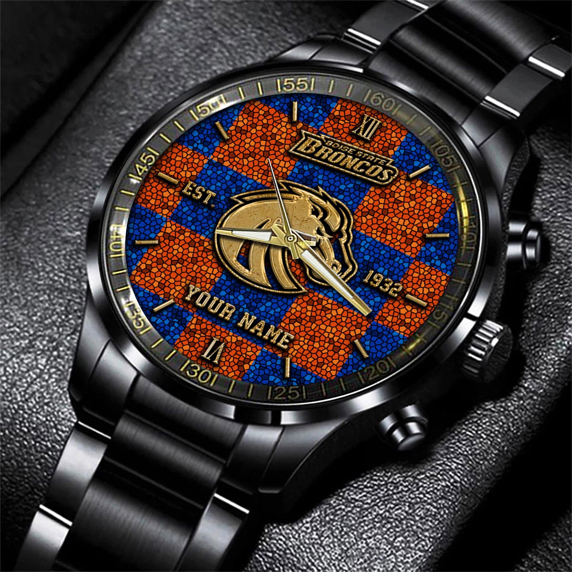 Boise State Broncos Black Fashion Watch Custom Your Name, Sport Black Fashion Watch, Football Fan Gifts 