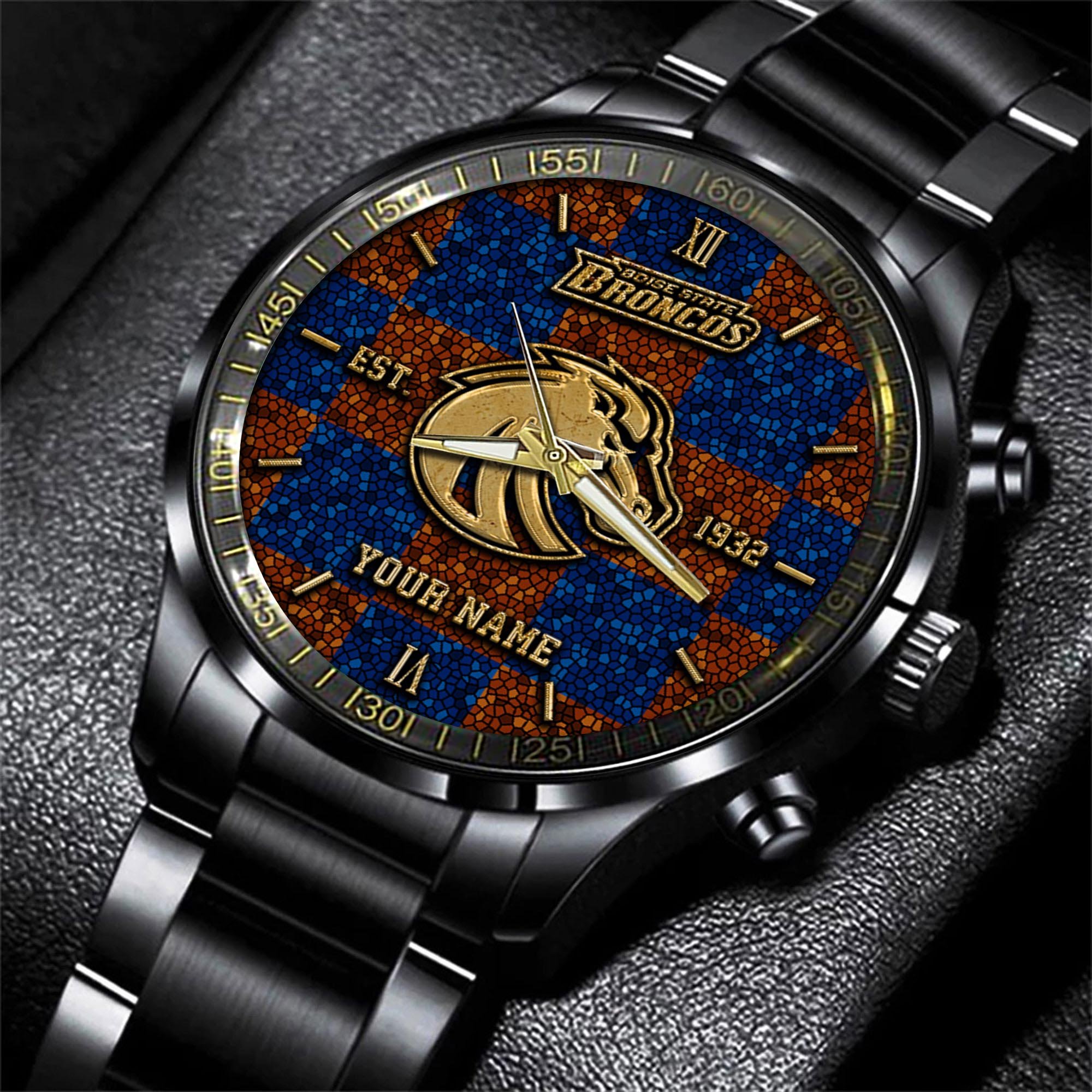 Boise State Broncos Black Fashion Watch Custom Your Name, Sport Black Fashion Watch, Football Fan Gifts 