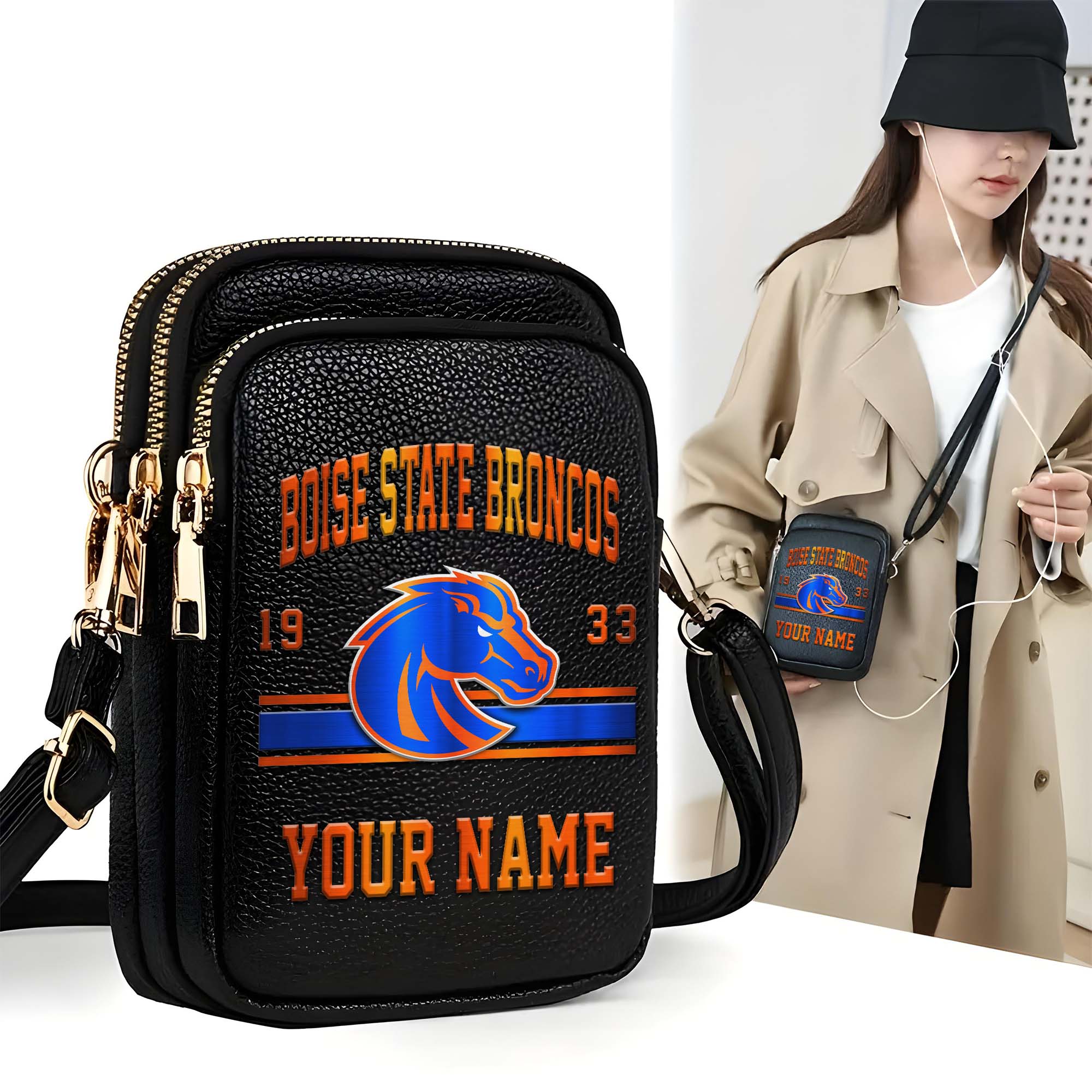 Boise State Broncos Customized Womens Mobile Phone Bag With Your Name, Leather Crossbody Bag, Fan Gifts
