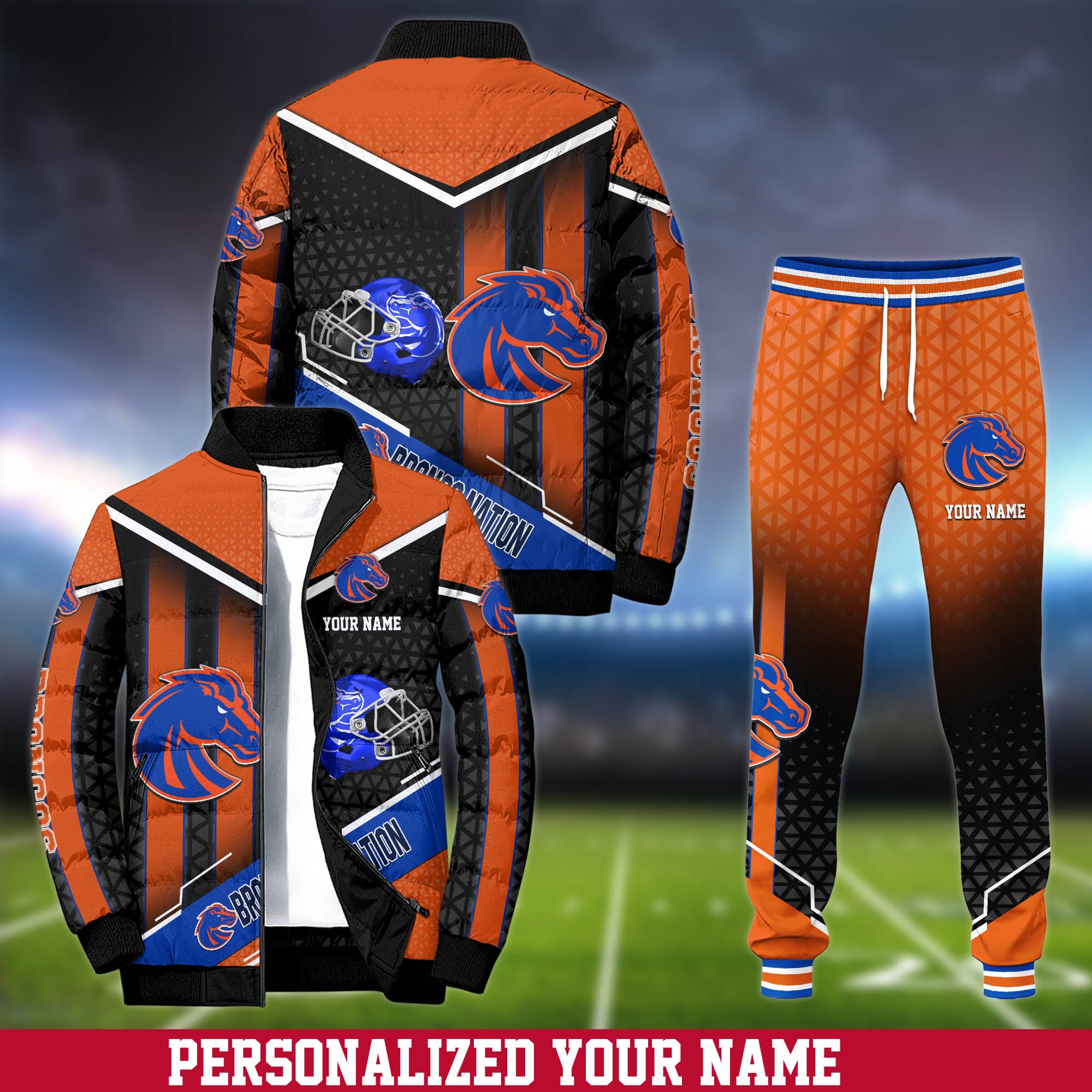 Boise State Broncos Puffer Jacket And Sweatpants 2025 Version Personalized Your Name, Puffer Jacket For Sport Fans, Sport Sweatpants, Gifts For Sport