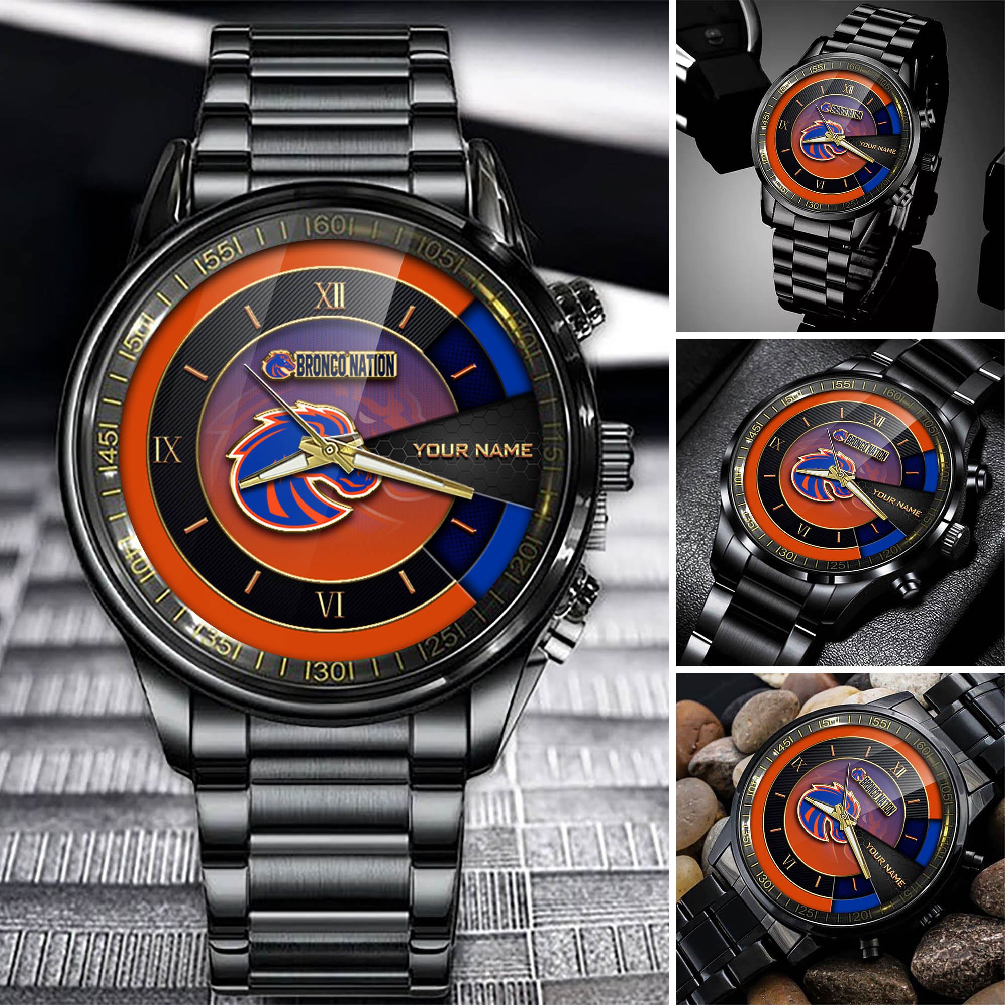 Boise State Broncos Team Black Fashion Watch 2025 Version Custom Your Name, Black Fashion Watch For Sport Fan 