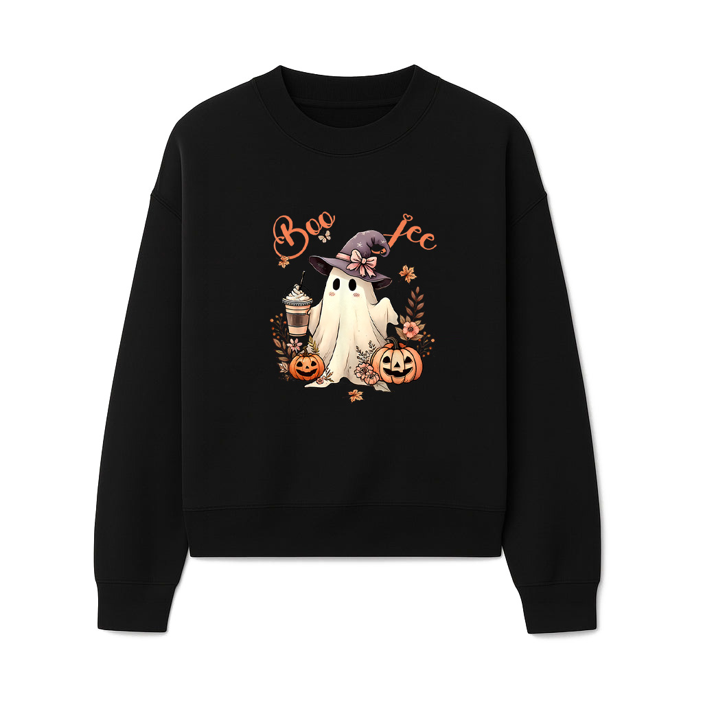 Boo Jee Ghost Drinking Coffee Coquette Bow Halloween Sweatshirts 06-10-2025