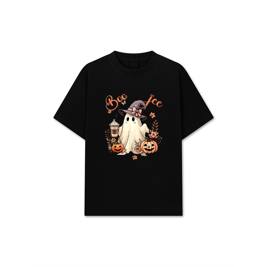 Boo Jee Ghost Drinking Coffee Coquette Bow Halloween Women T-Shirt