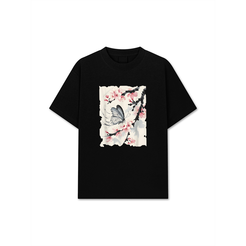 Butterfly Cherry Blossoms Japanese Art   Vintage Sumi E T-Shirt
