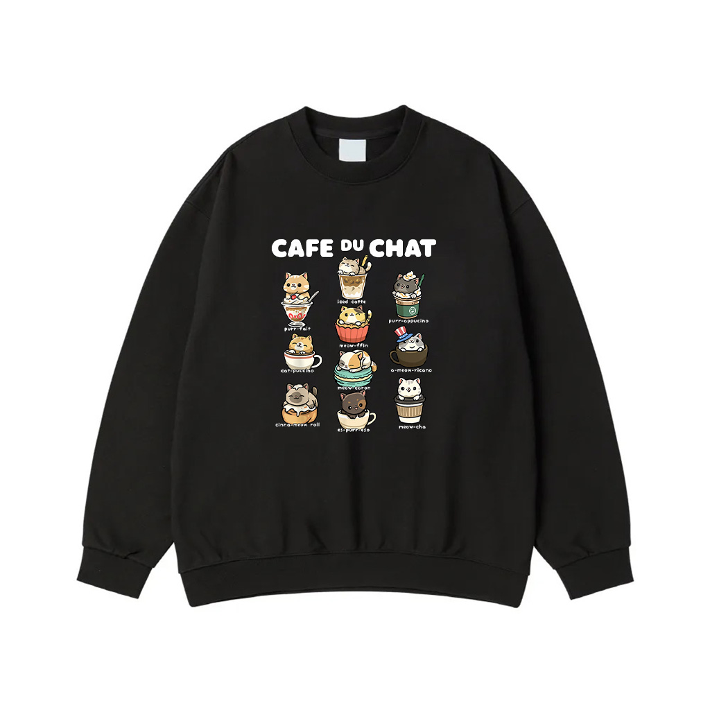 Cafe Du Chat Cute Coffee Cats Kawaii Pun Sweatshirt