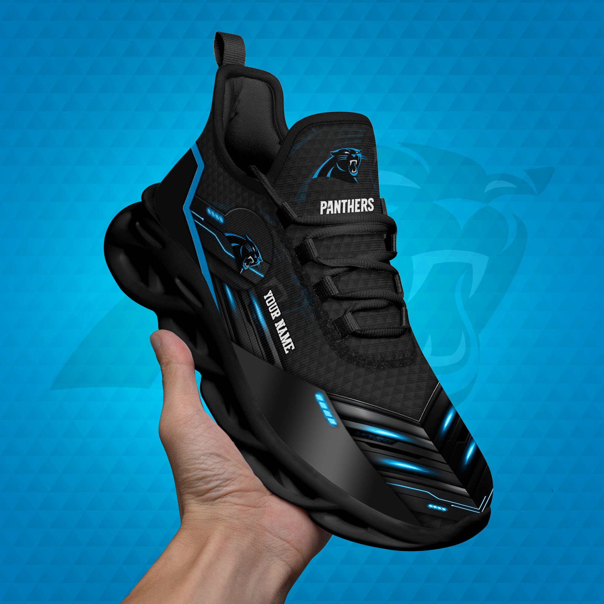 Carolina Panthers Black Clunky Sneaker Custom Name, Max Soul Shoes, Sport Gifts For Fan