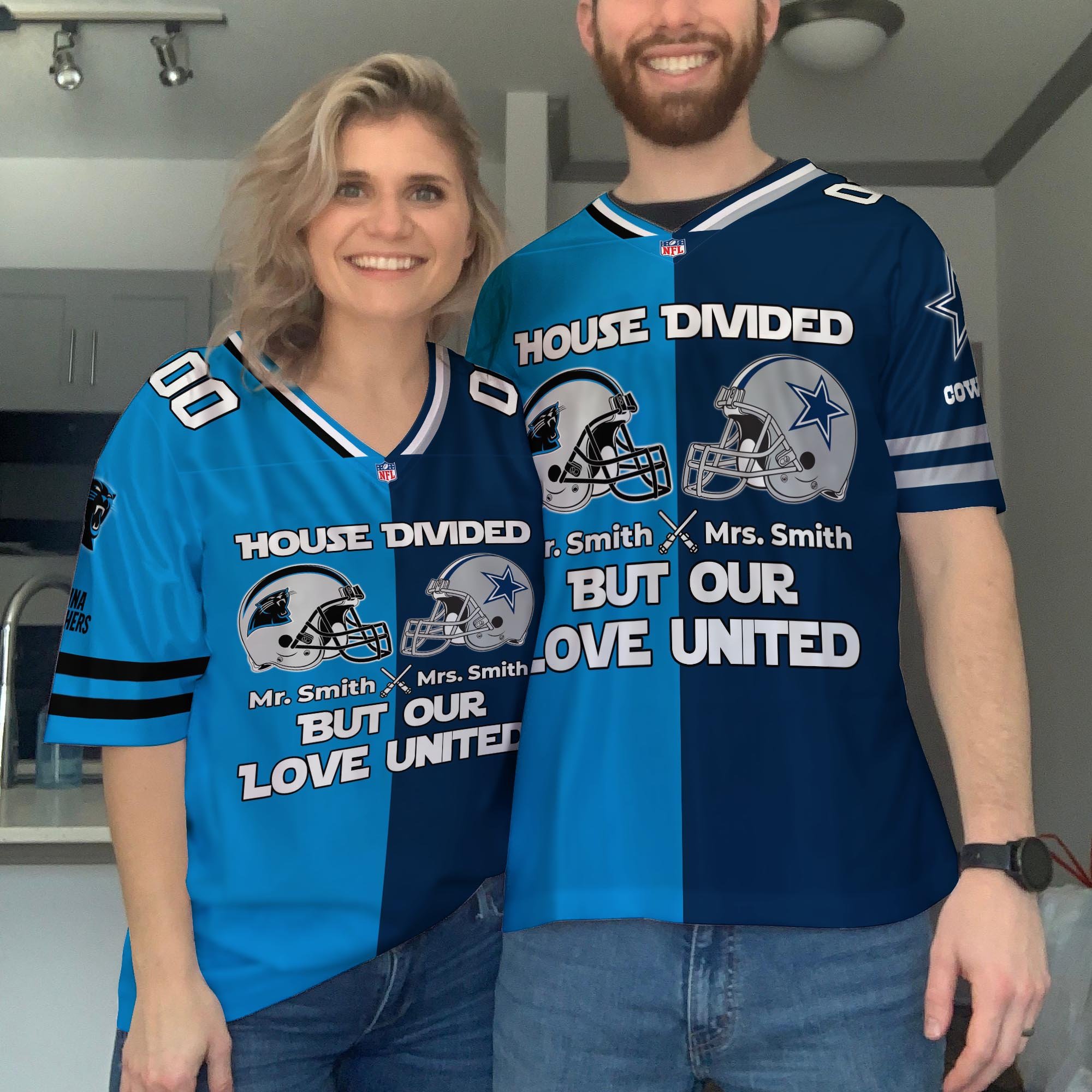 Carolina Panthers Football Jersey Custom Husband, Wife Name And Number, House Divided Jersey For Fan