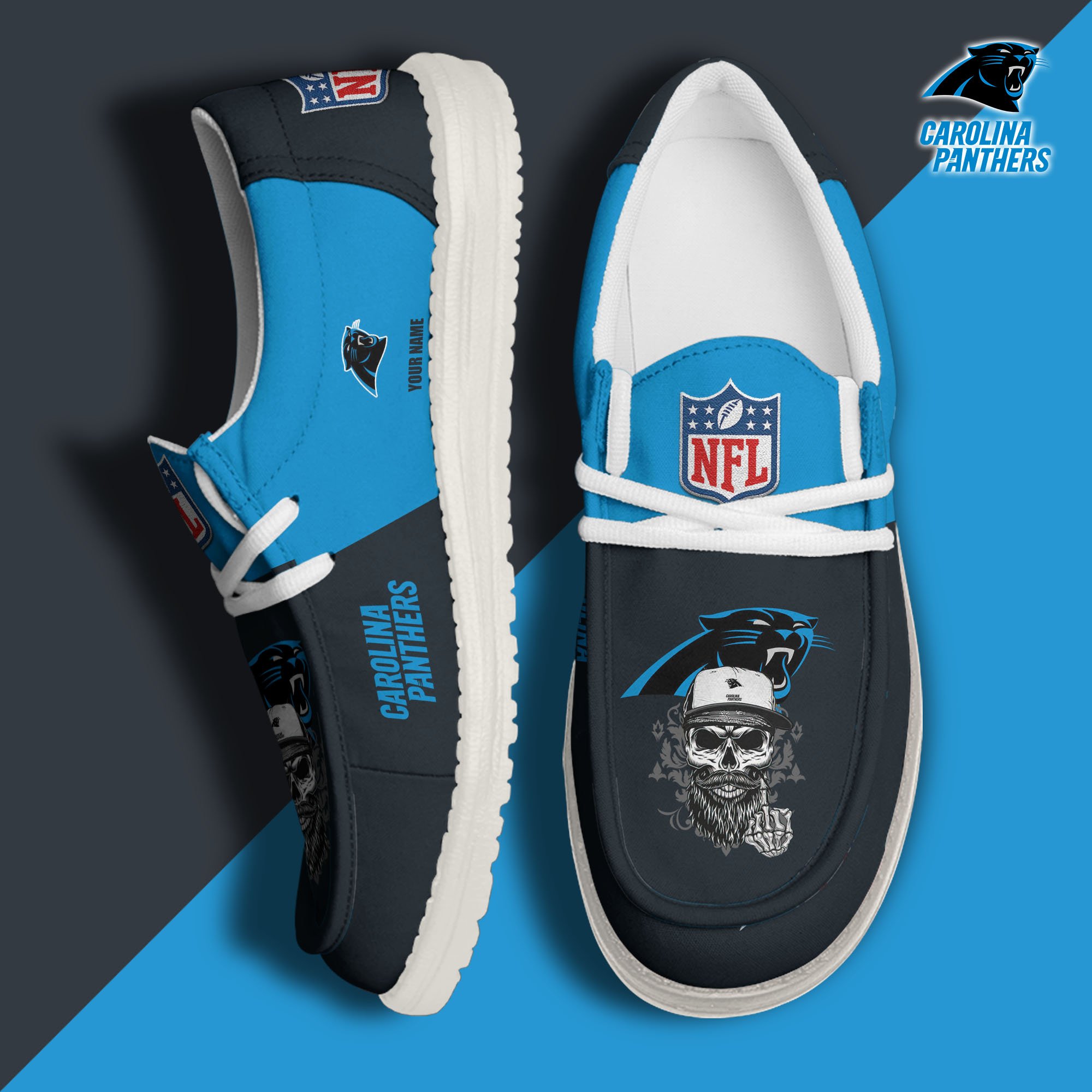 Carolina Panthers H D White Canvas Loafer Shoes Custom Your Name, Sport Canvas Loafer Shoes
