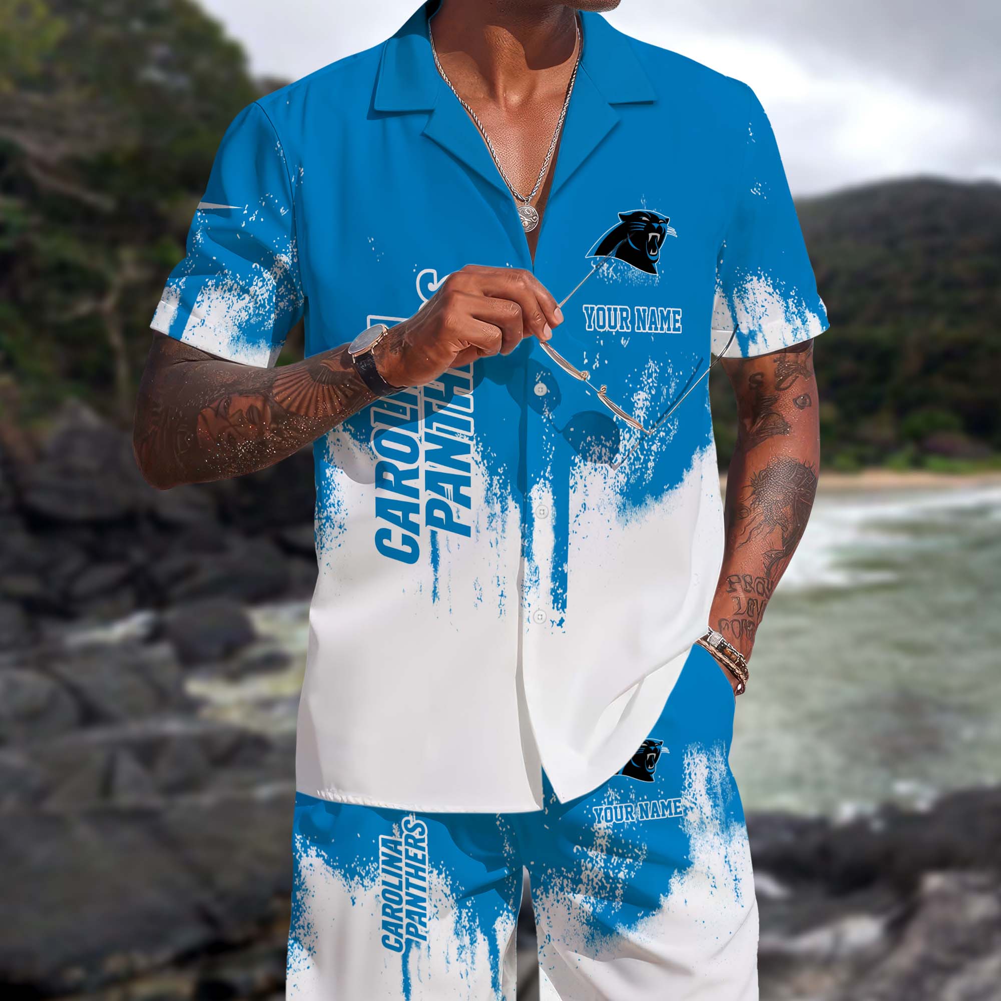 Carolina Panthers Hawaiian Shorts Set Custom You Name, Sport Shorts, Gifts For Fan