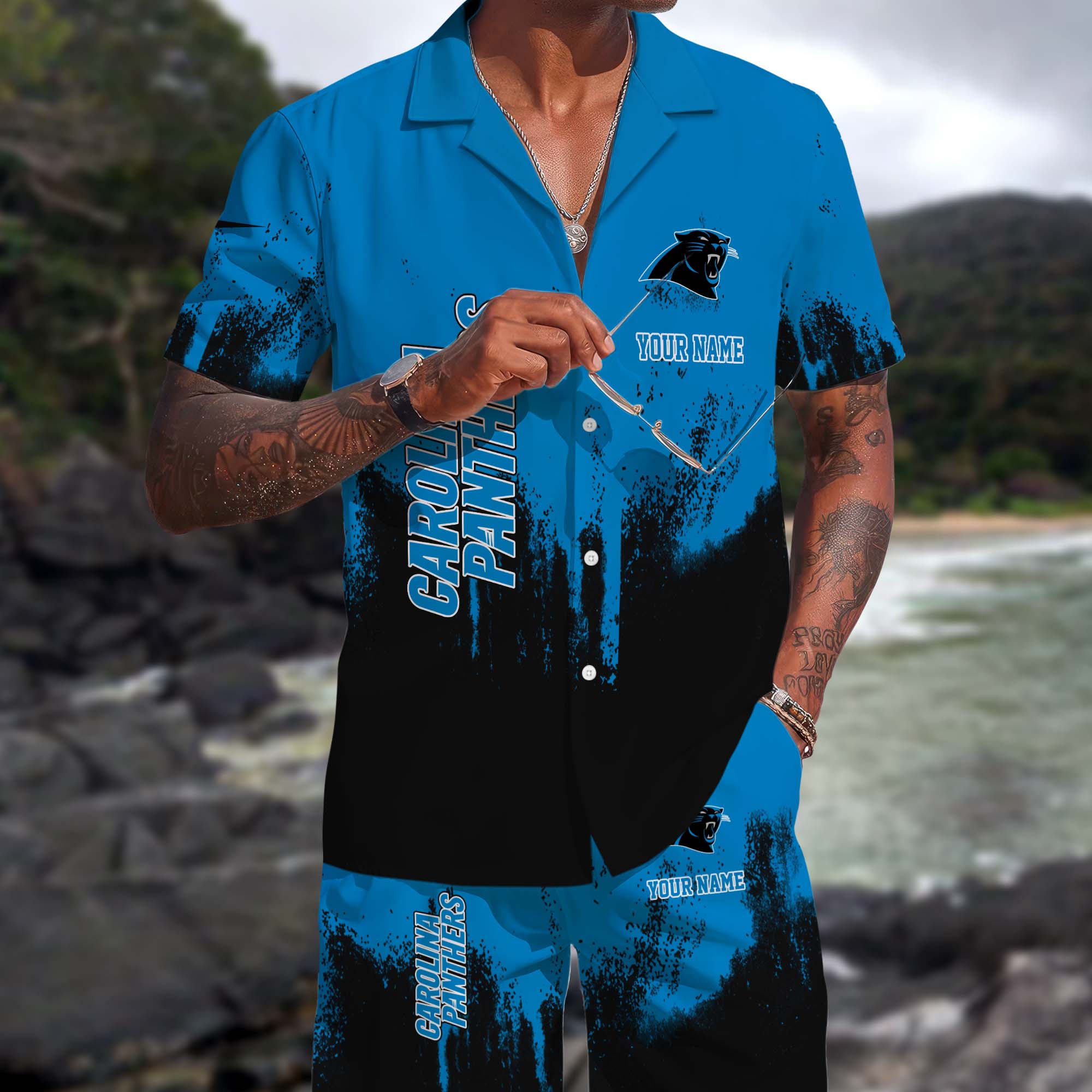 Carolina Panthers Hawaiian Shorts Set Custom You Name, Sport Shorts, Gifts For Fan