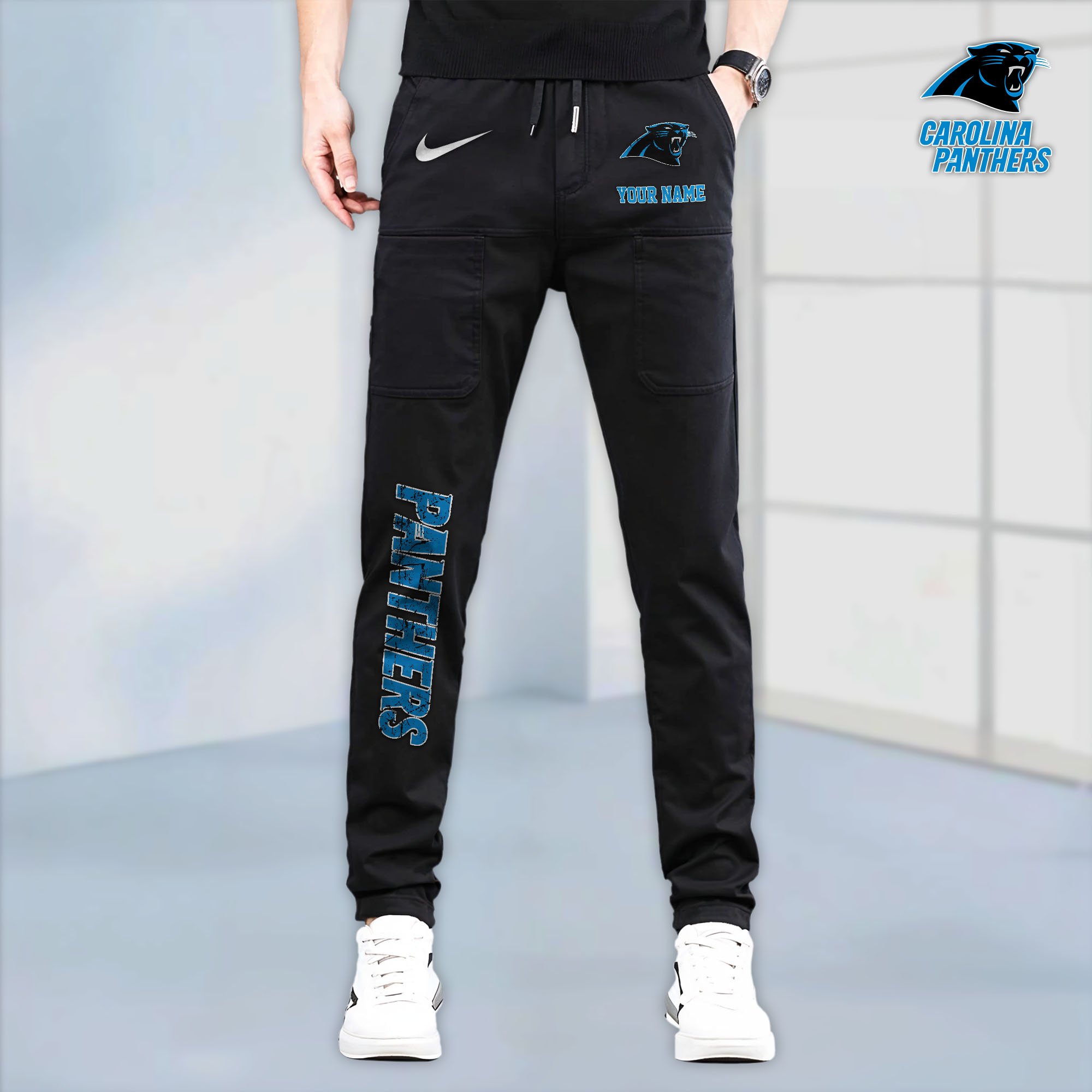 Carolina Panthers High Stretch Multi Pocket Durable Cargo Pants - Long Custom Name 