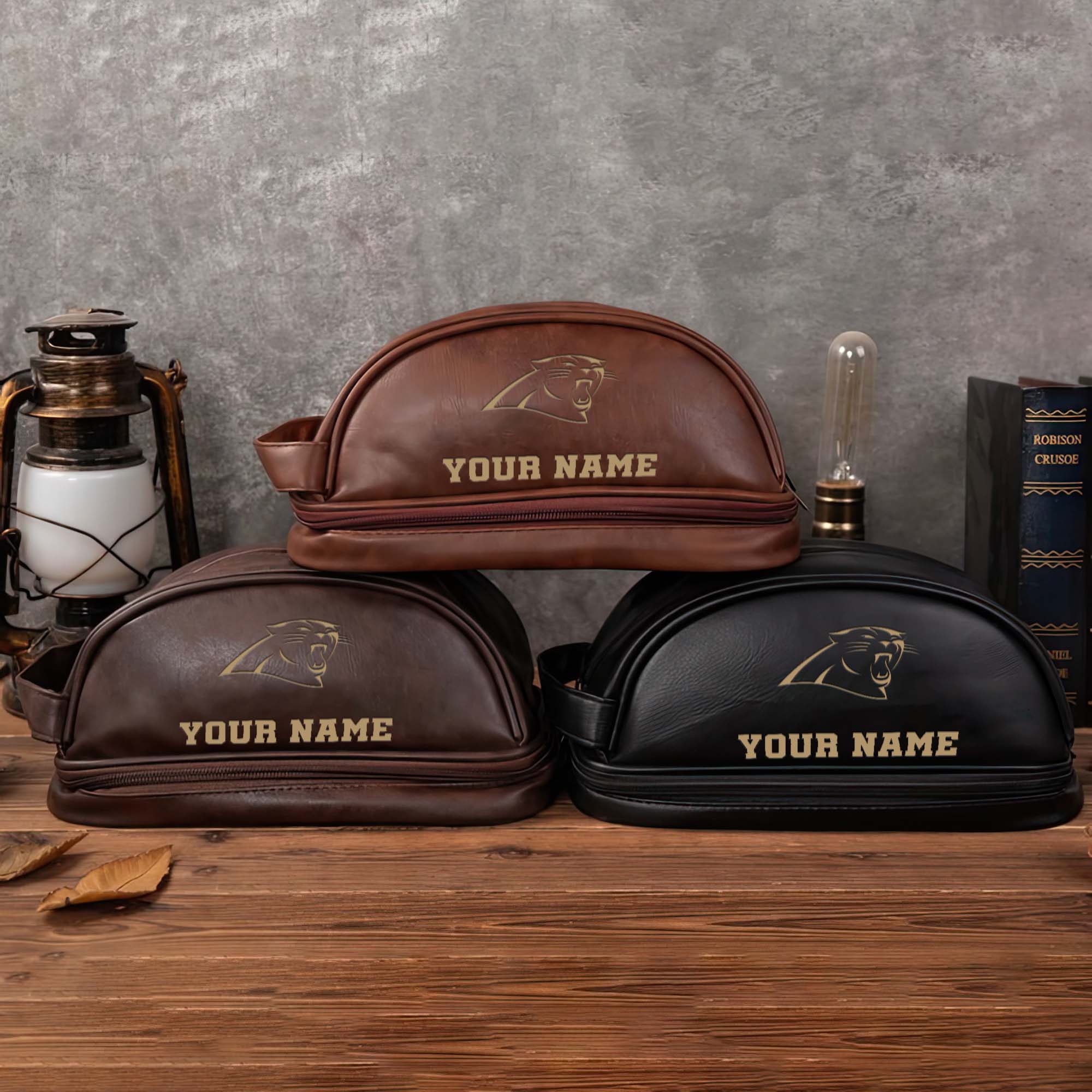 Carolina Panthers Mens Leather Toiletry Bag, Engraved Leather Dopp Kit Bag, Football Fan Gifts