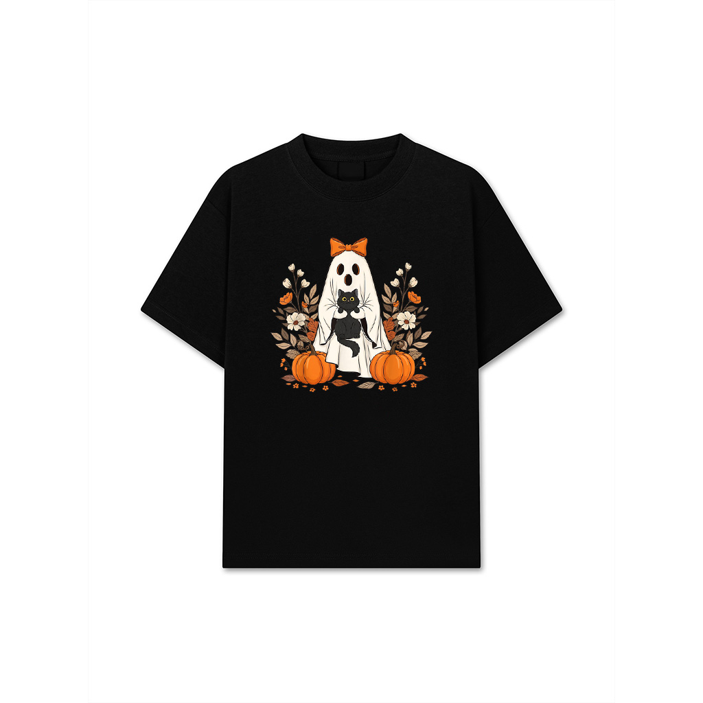 Cat Halloween Floral Vintage Ghost Funny Gifts T-Shirt