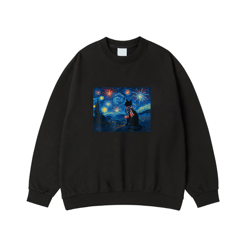 Cat Starry Night Van Gogh 4Th Of July Patriotic Cat Lover Sweatshirt
