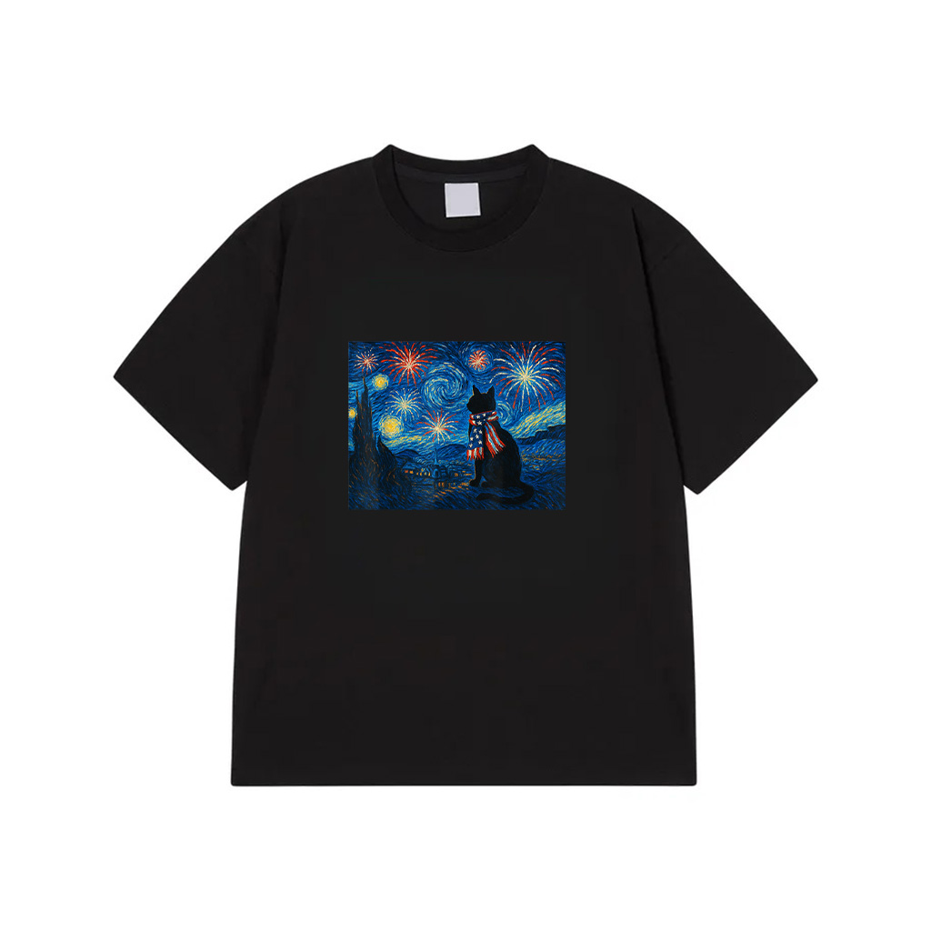 Cat Starry Night Van Gogh 4Th Of July Patriotic Cat Lover T-Shirt