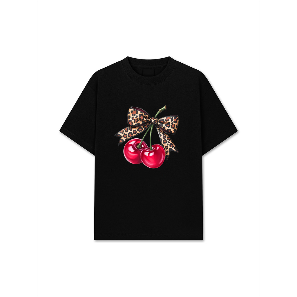 Cherry Coquette Aesthetic With Leopard Bow T-Shirt 26-06-2025