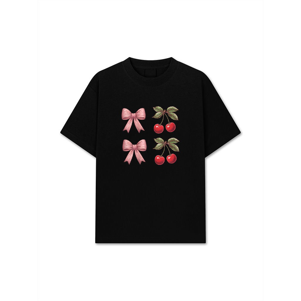 Cherry  Pink Bow Vintage Botanical Coquette Aesthetic T-Shirt 26-06-2025
