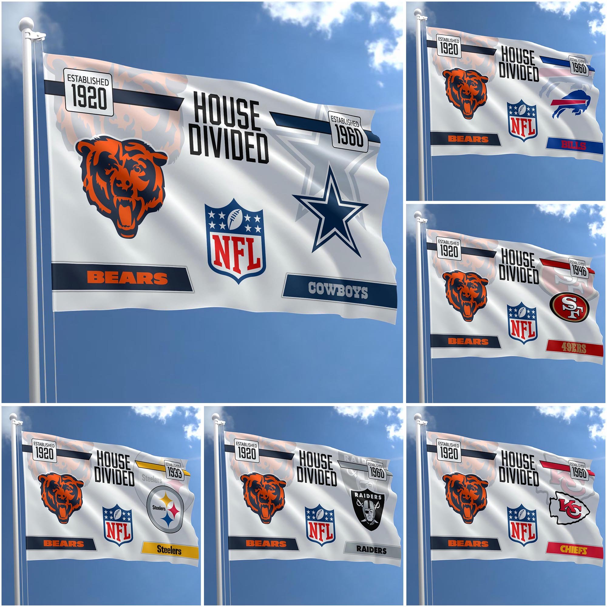 Chicago Bears Flag 3X5ft Choose Any Team, House Divided Flag, Home Decors