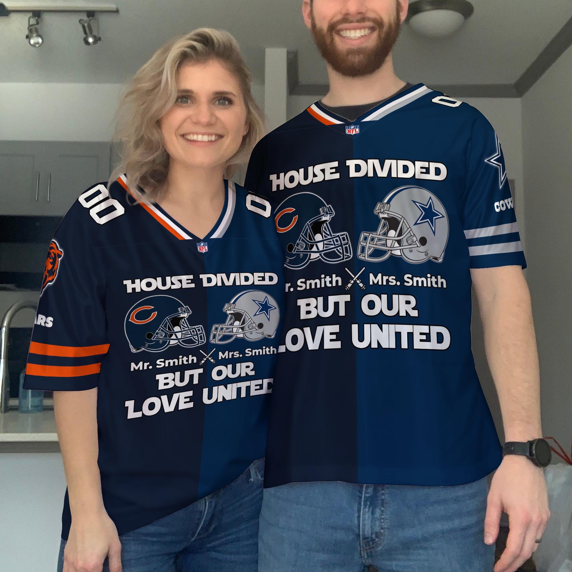 Chicago Bears Football Jersey Custom Husband, Wife Name And Number, House Divided Jersey For Fan