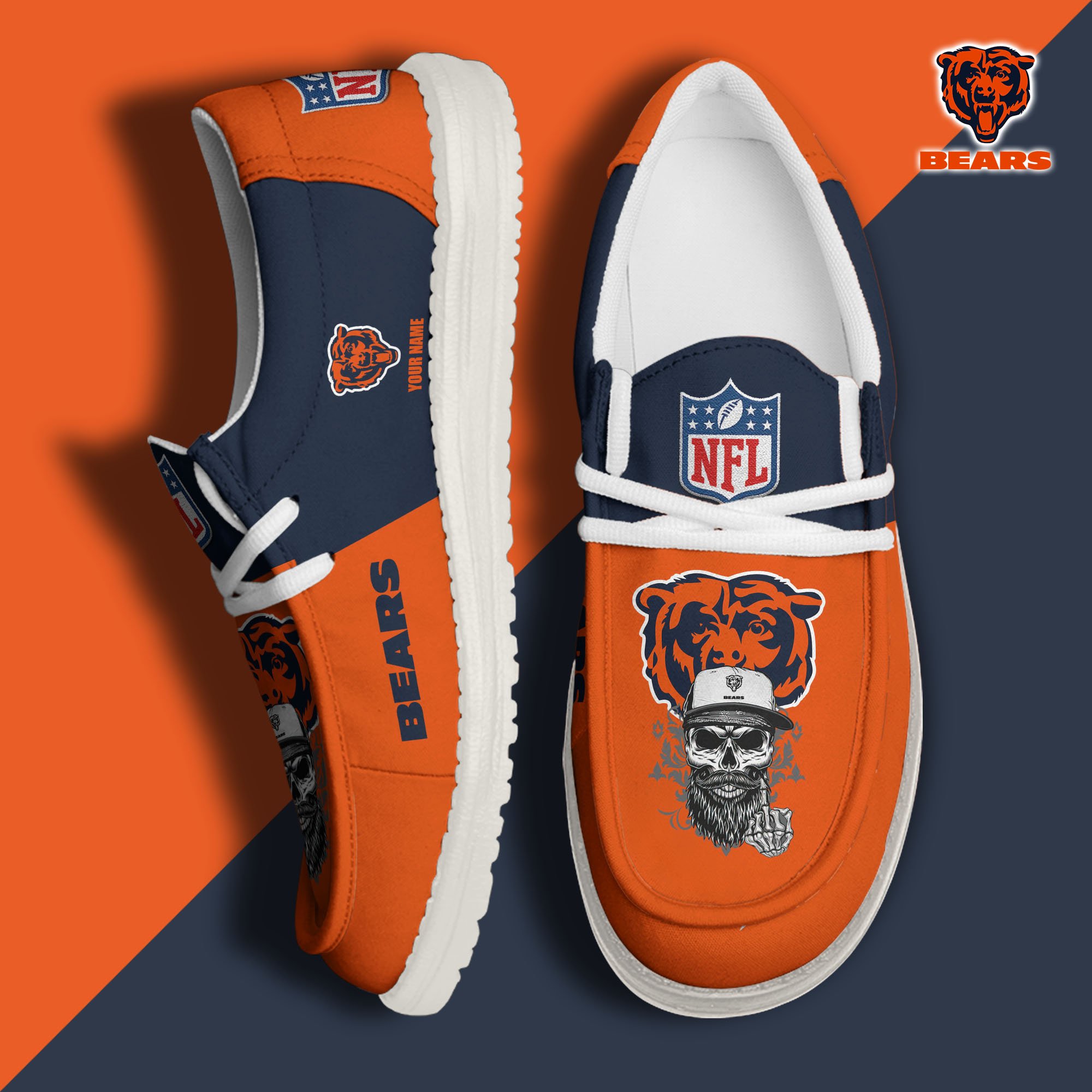 Chicago Bears H D White Canvas Loafer Shoes Custom Your Name, Sport Canvas Loafer Shoes