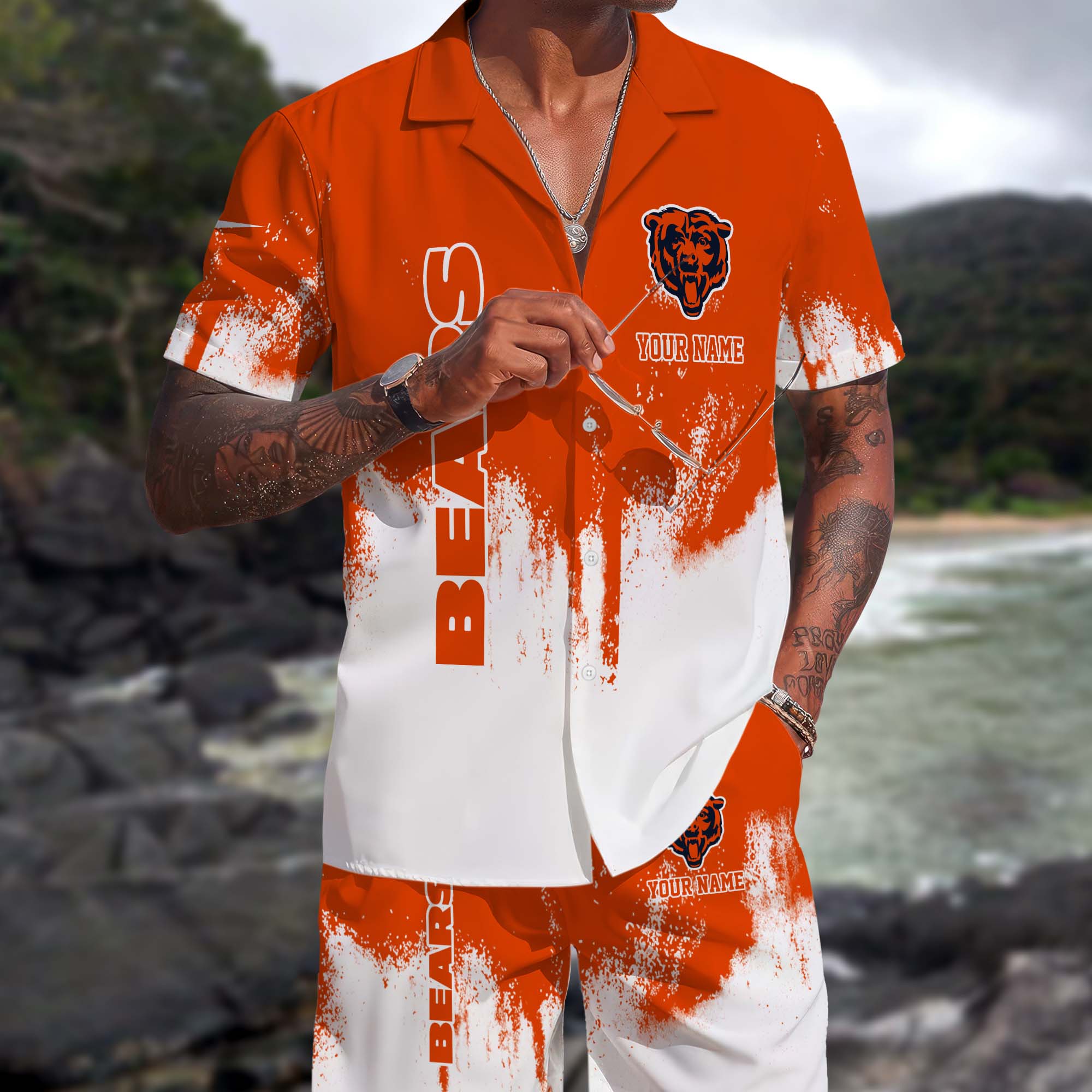 Chicago Bears Hawaiian Shorts Set Custom You Name, Sport Shorts, Gifts For Fan