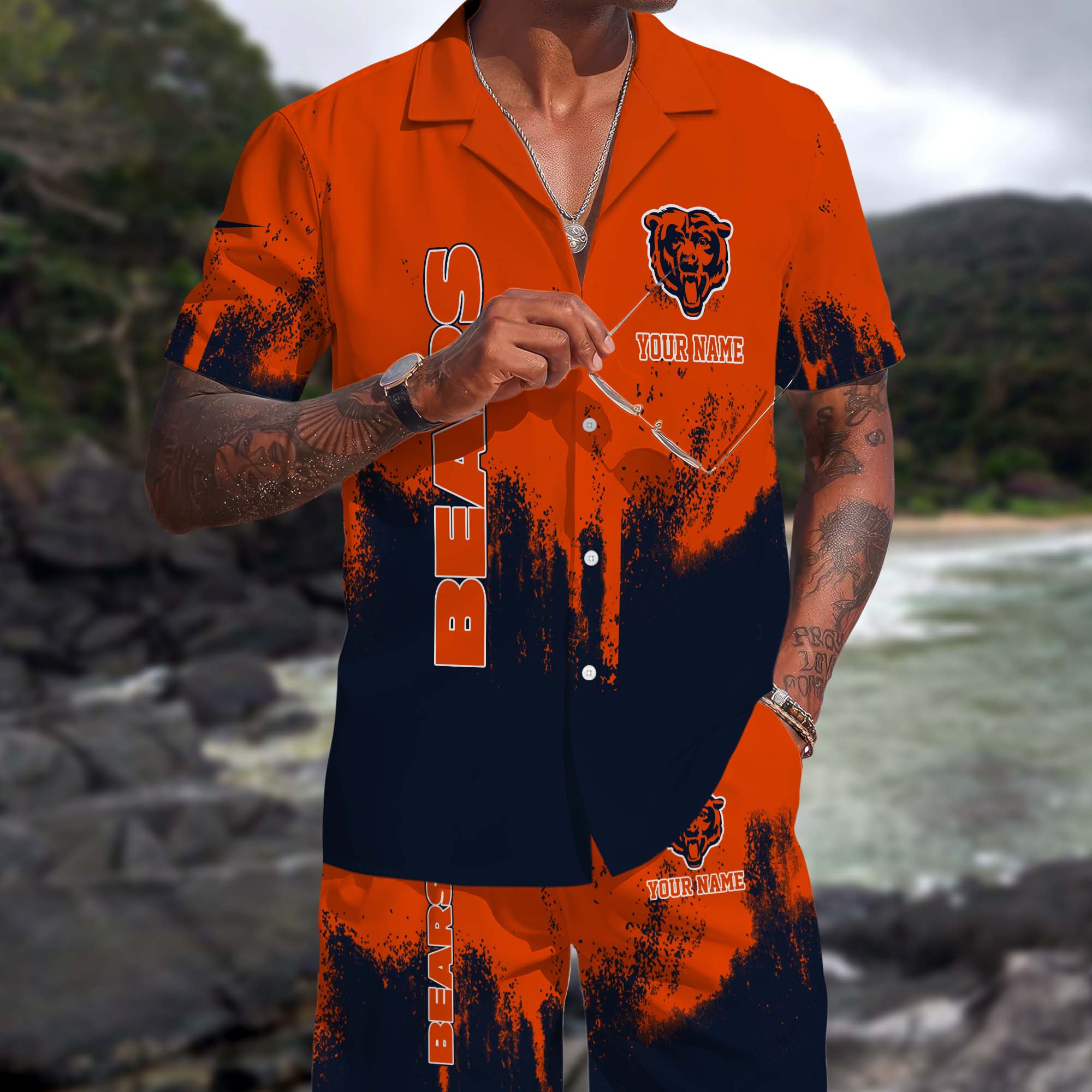 Chicago Bears Hawaiian Shorts Set Custom You Name, Sport Shorts, Gifts For Fan
