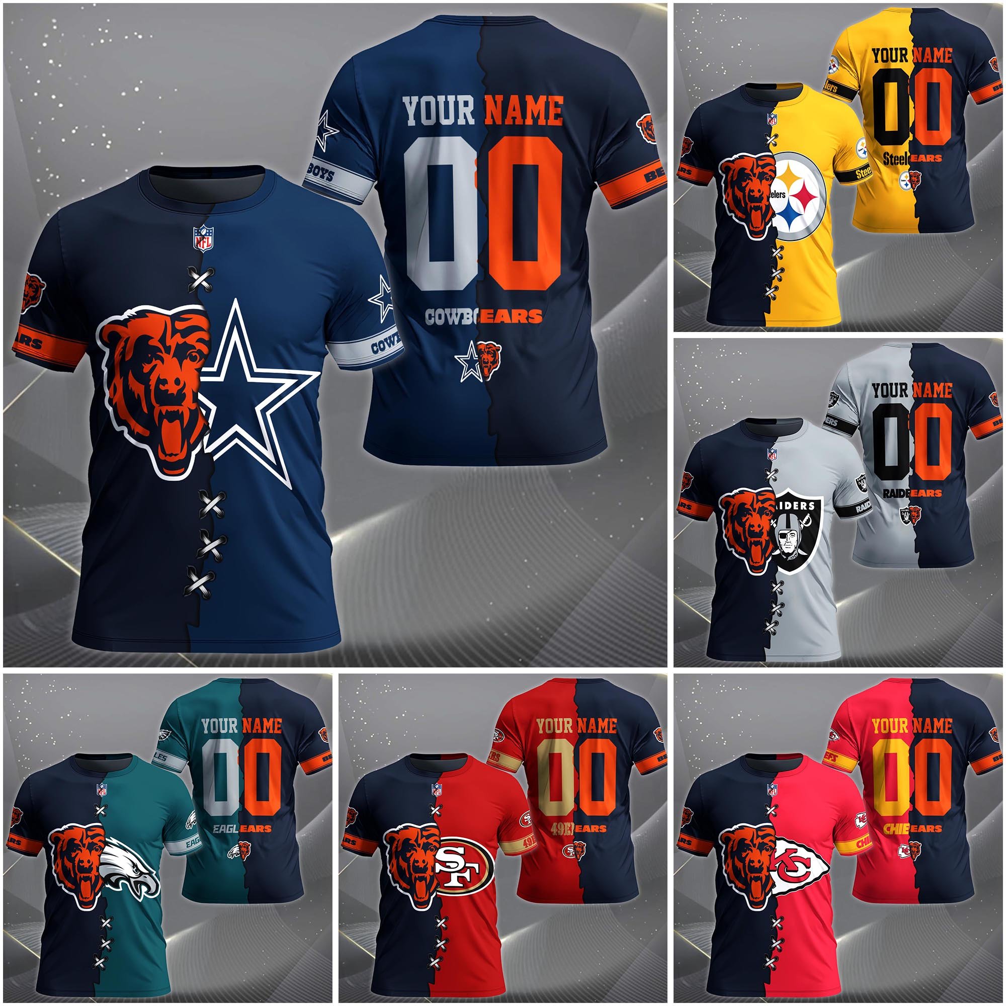 Chicago Bears House Divided T-Shirt Custom Name 2025 Version, Number And Team, Sport Shirts For Fan