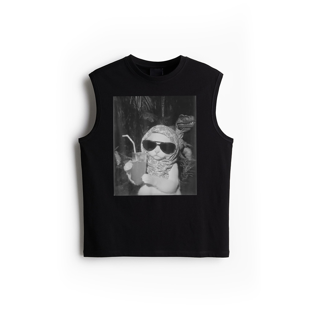 Chill And Cool Cat Drinking Fruit Selfie With Dinosaur T Rex Tank Top