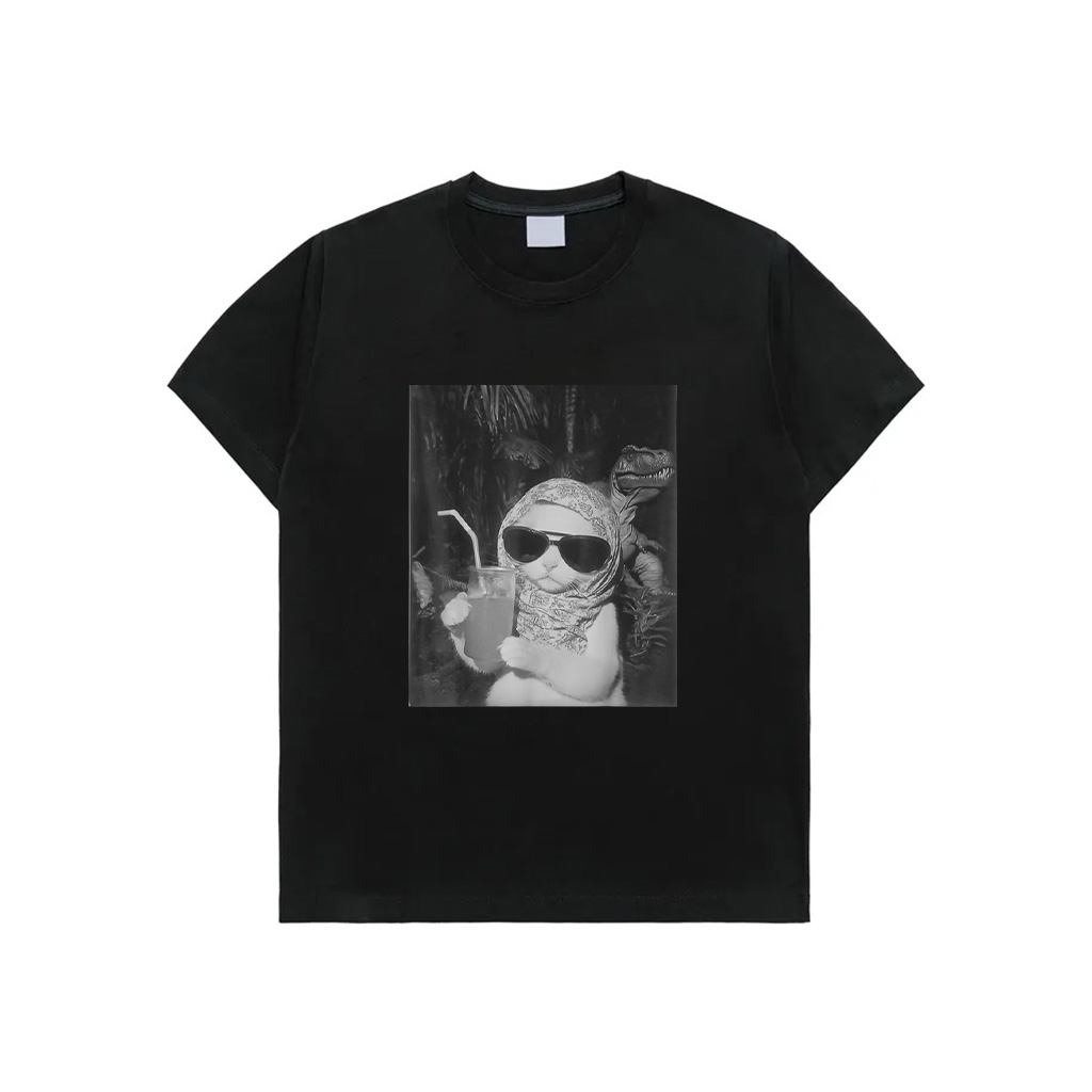Chill And Cool Cat Drinking Fruit Selfie With Dinosaur T Rex T-Shirt