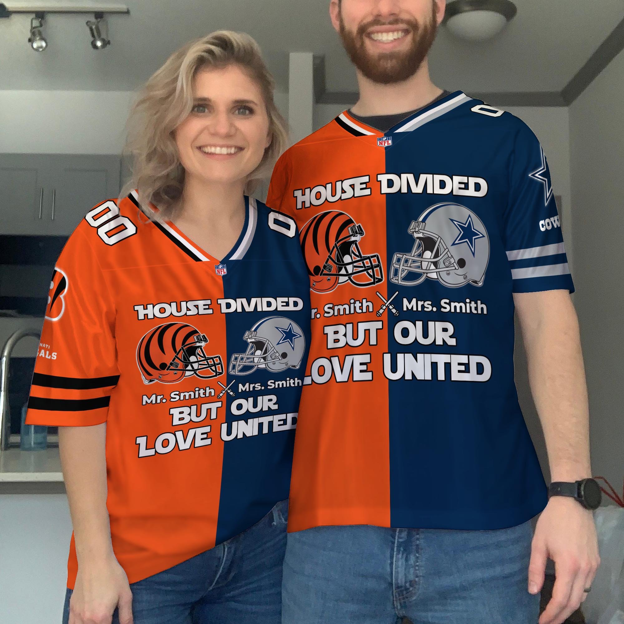 Cincinnati Bengals Football Jersey Custom Husband, Wife Name And Number, House Divided Jersey For Fan