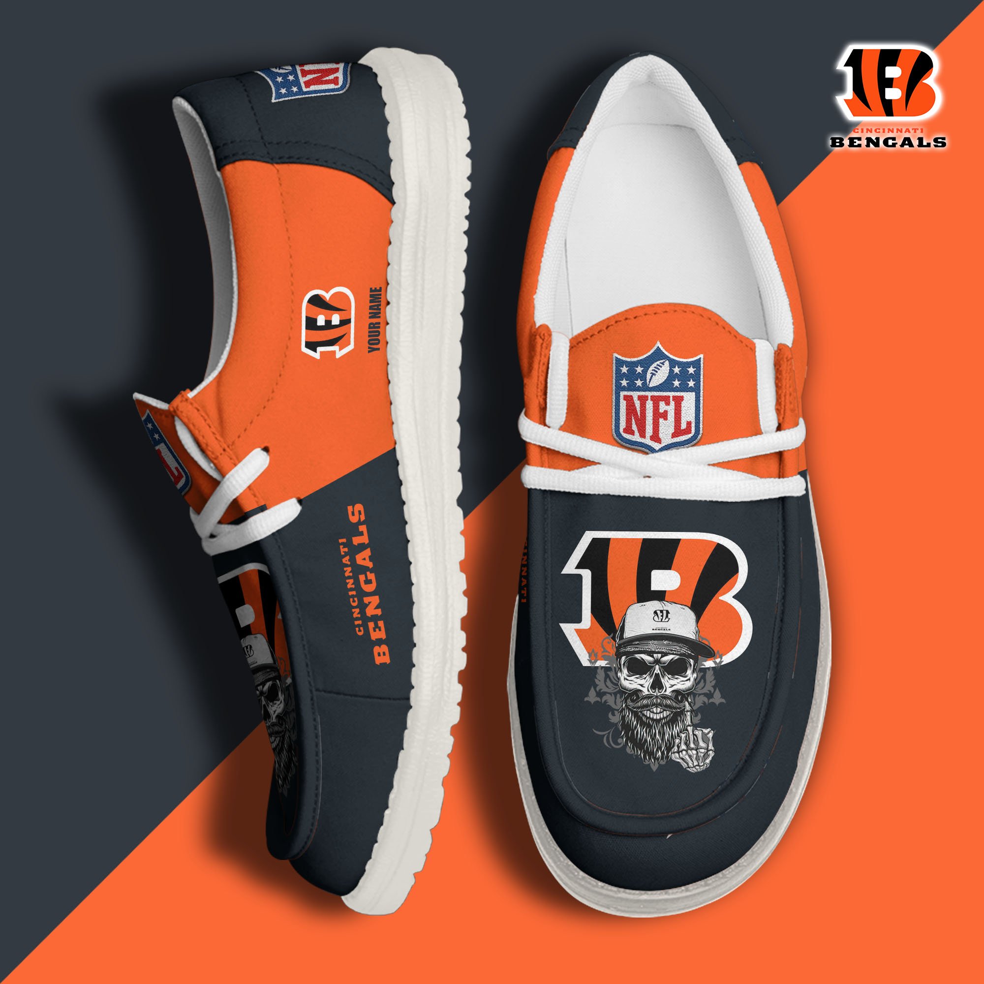 Cincinnati Bengals H D White Canvas Loafer Shoes Custom Your Name, Sport Canvas Loafer Shoes