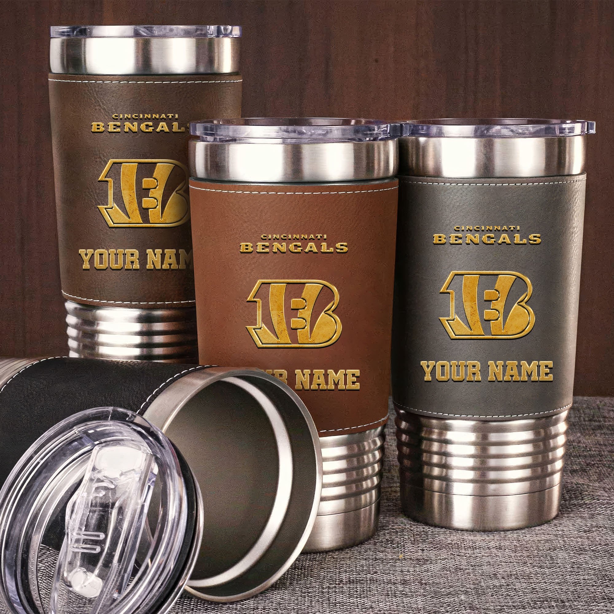 Cincinnati Bengals Leather Tumbler Custom Your Name, Sport Gift For Fans, Fathers Day Gifts 