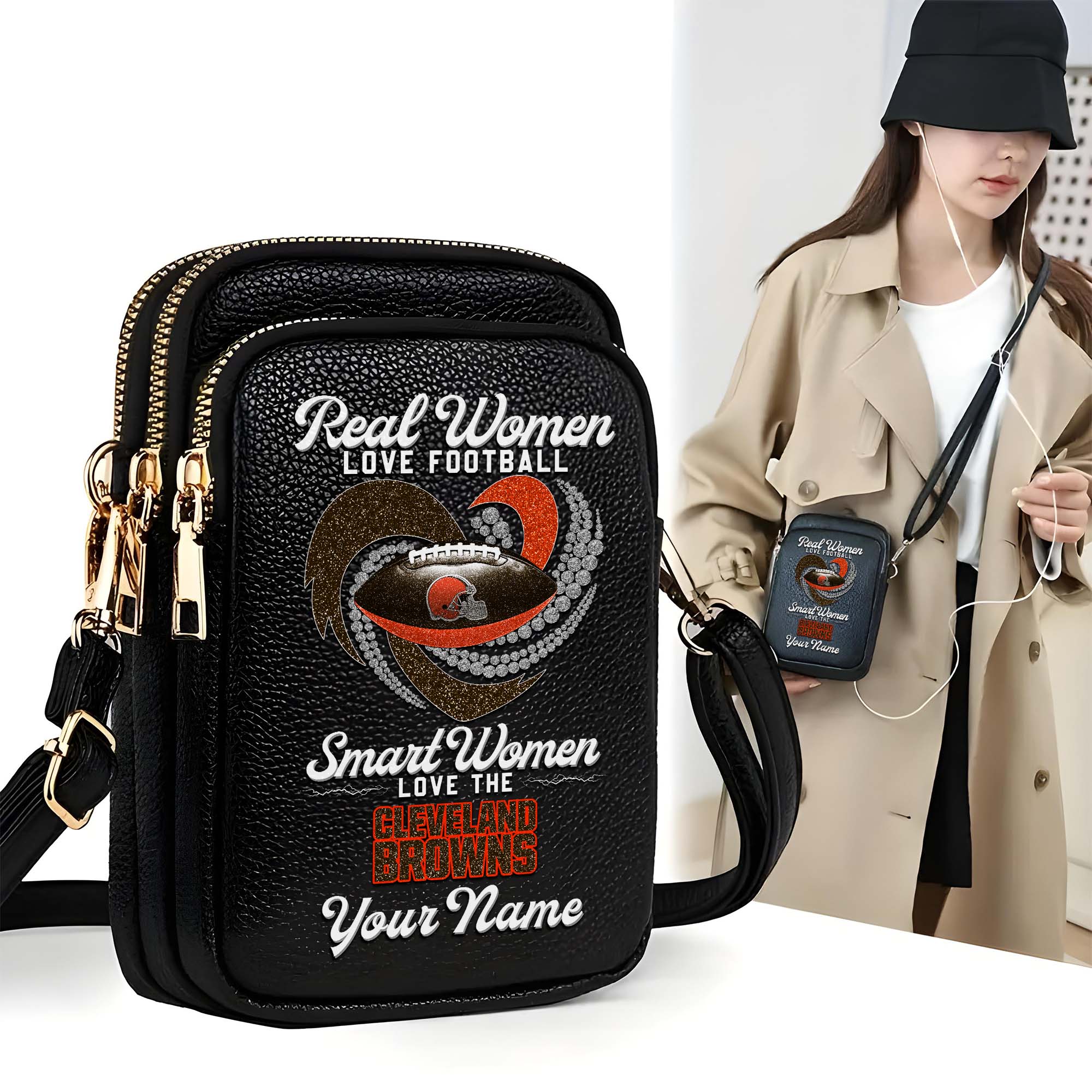 Cleveland Browns Customized Womens Mobile Phone Bag With Your Name, Leather Crossbody Bag, Fan Gifts