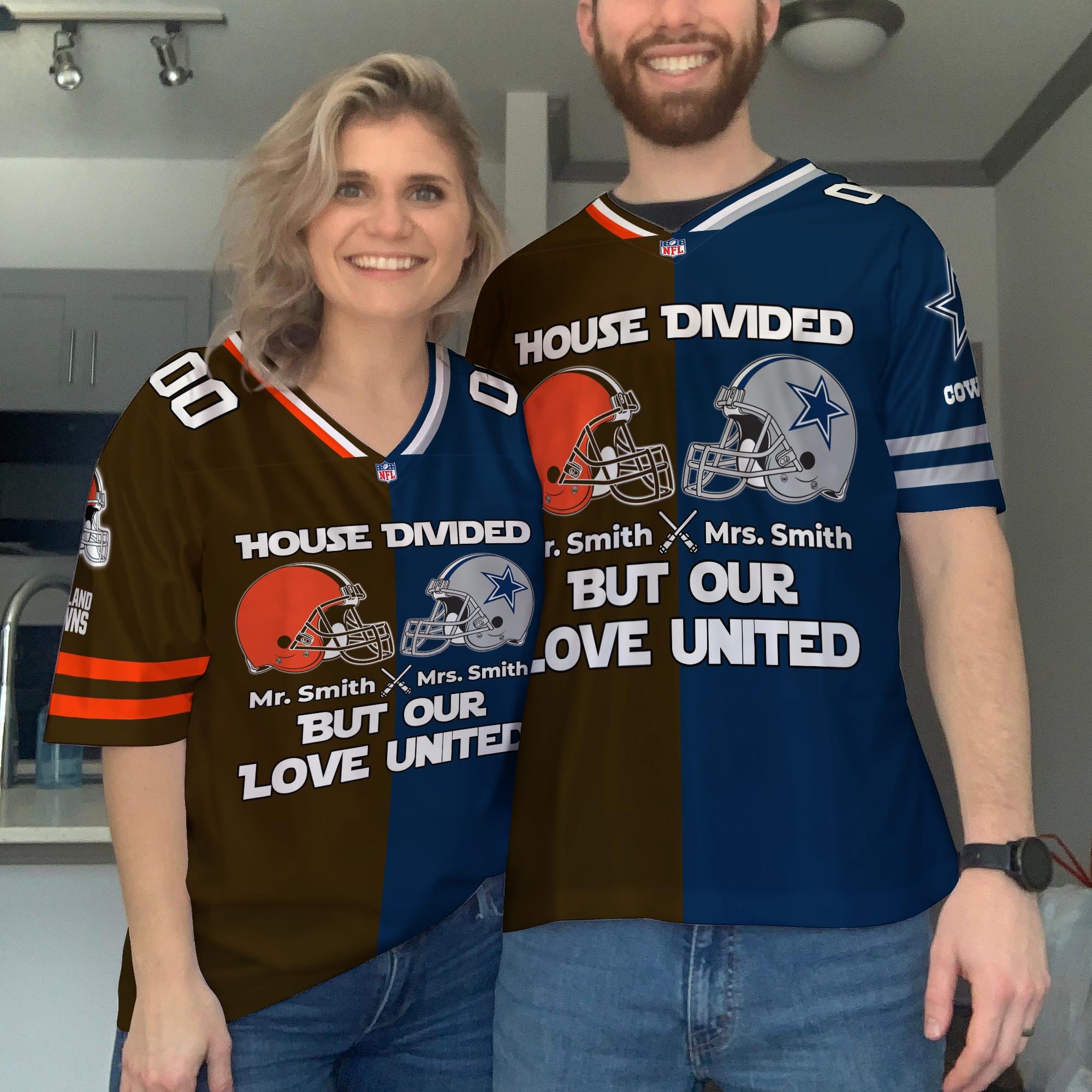 Cleveland Browns Football Jersey Custom Husband, Wife Name And Number, House Divided Jersey For Fan
