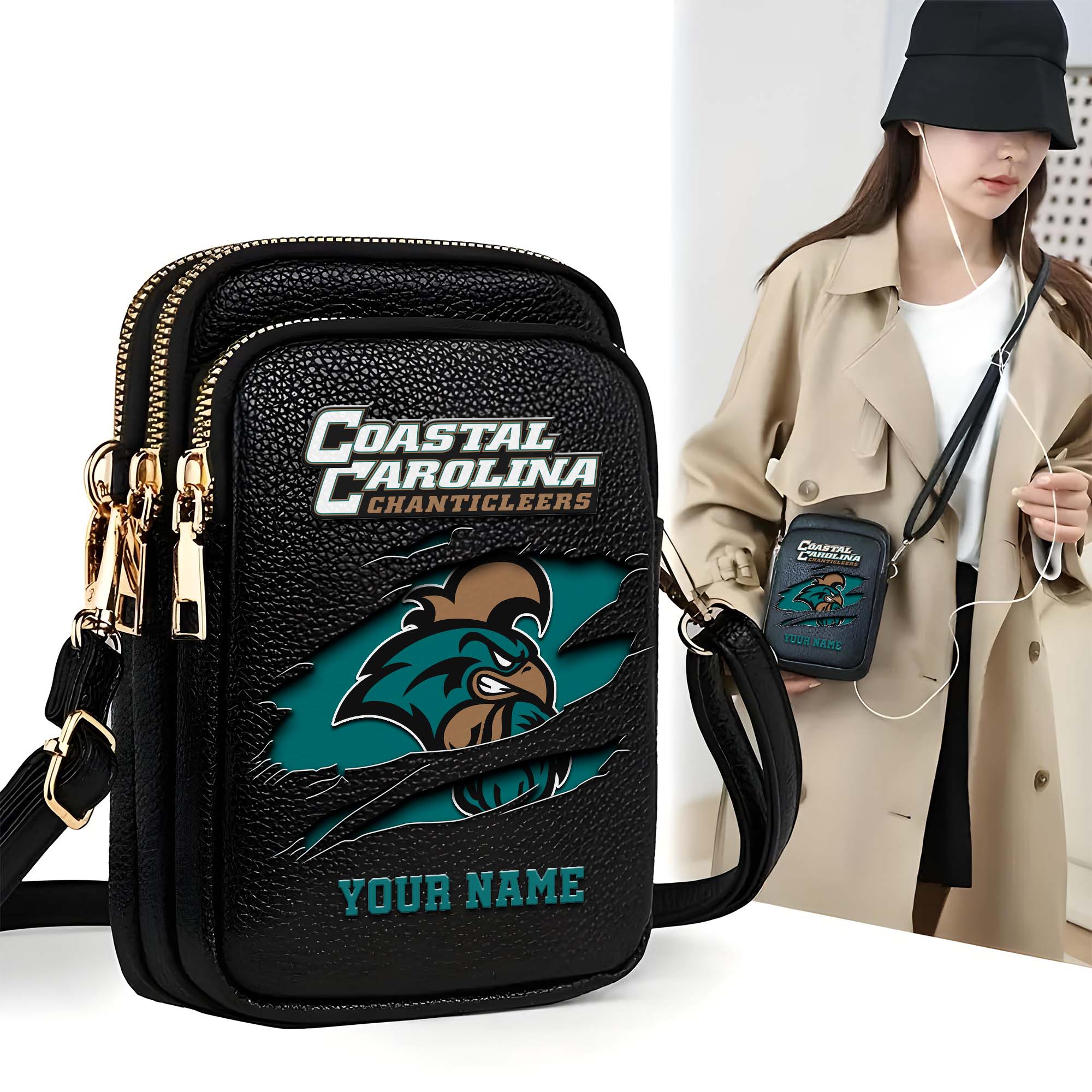 Coastal Carolina Chanticleers Customized Womens Mobile Phone Bag With Your Name, Leather Crossbody Bag, Fan Gifts