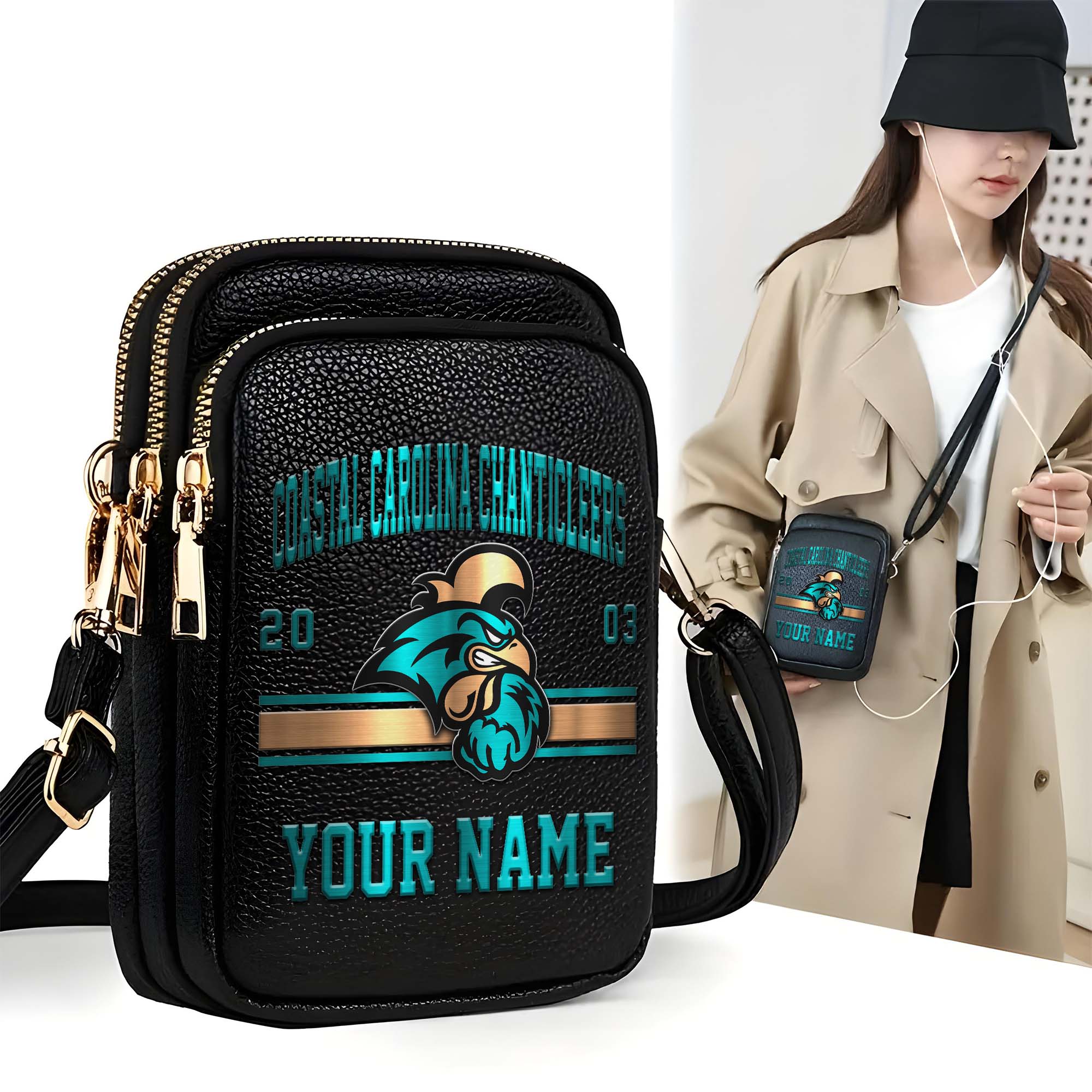 Coastal Carolina Chanticleers Customized Womens Mobile Phone Bag With Your Name, Leather Crossbody Bag, Fan Gifts