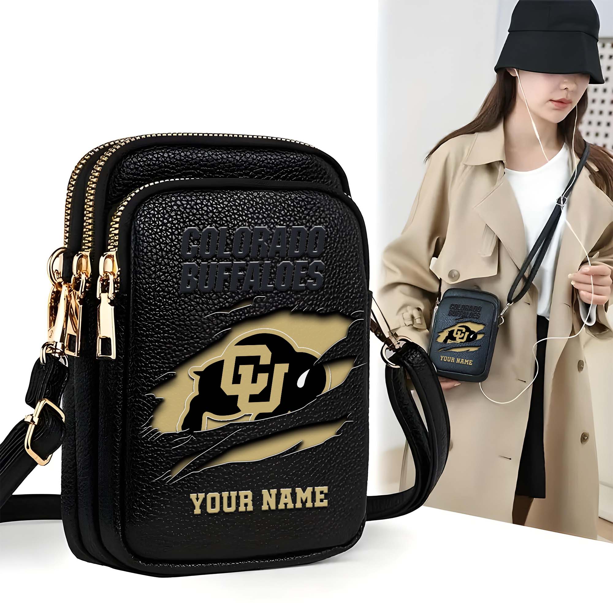 Colorado Buffaloes Customized Womens Mobile Phone Bag With Your Name, Leather Crossbody Bag, Fan Gifts