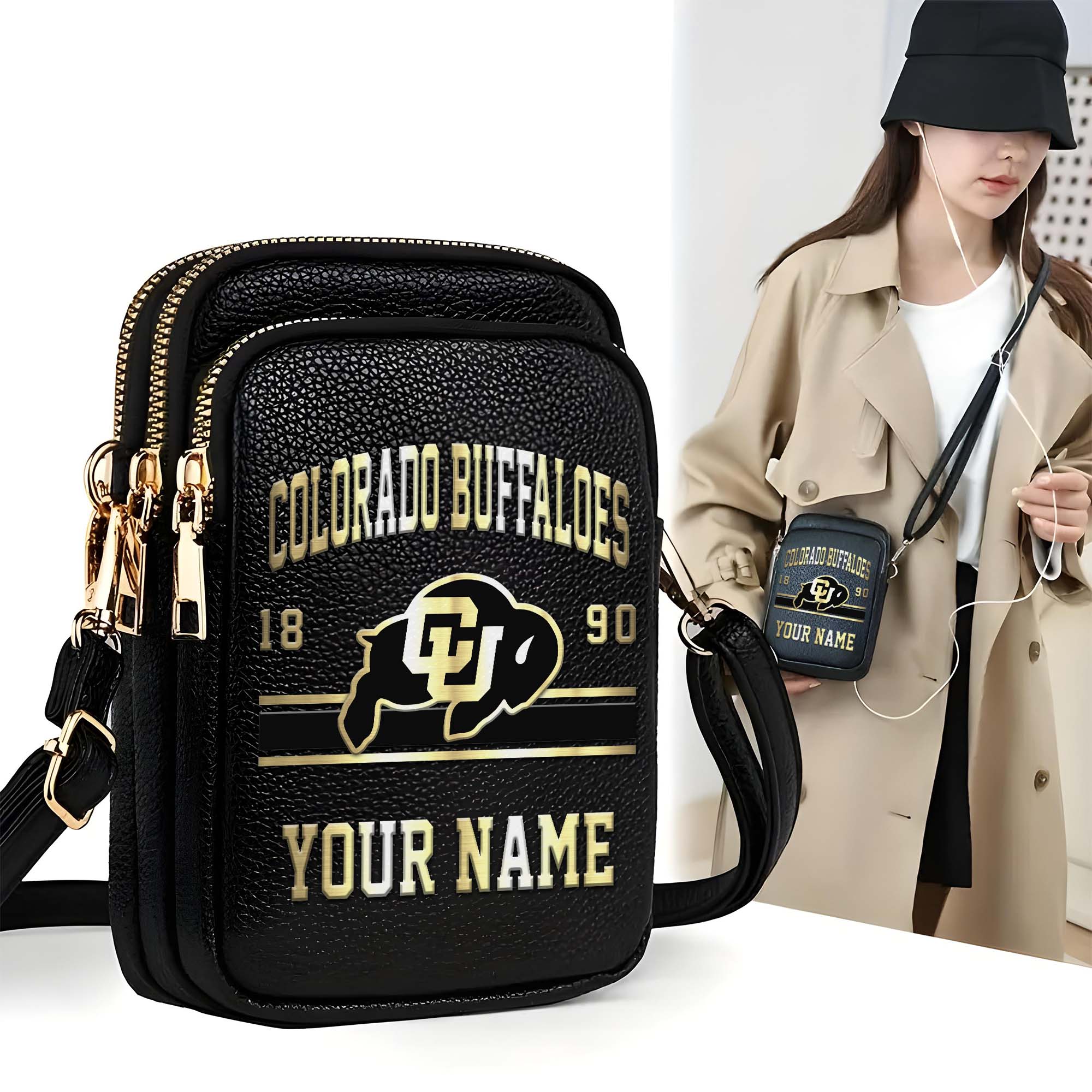 Colorado Buffaloes Customized Womens Mobile Phone Bag With Your Name, Leather Crossbody Bag, Fan Gifts