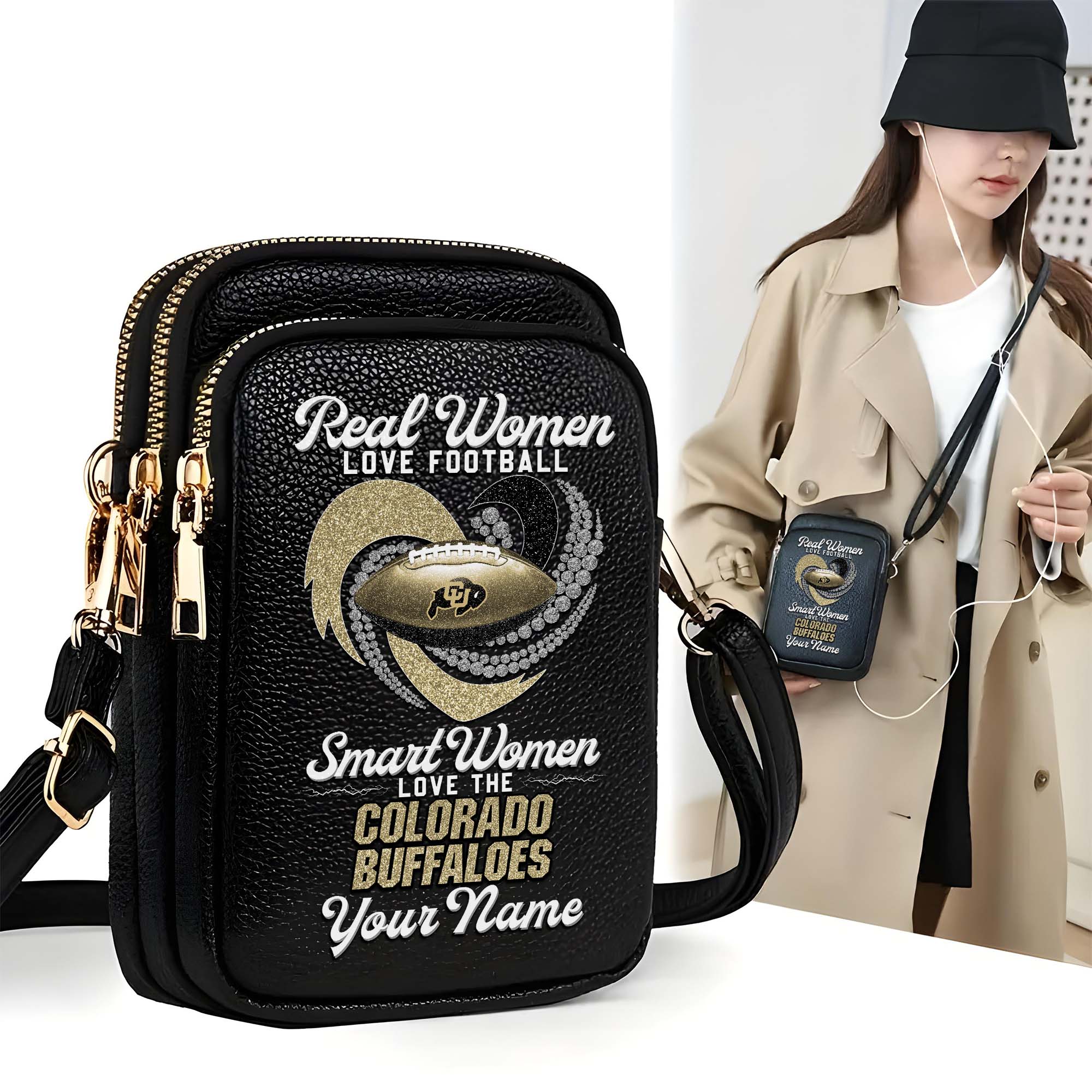 Colorado Buffaloes Customized Womens Mobile Phone Bag With Your Name, Leather Crossbody Bag, Fan Gifts