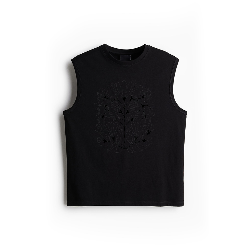 Contemporary Artsy Botanical Folk Drawing In Black And White Tank Top