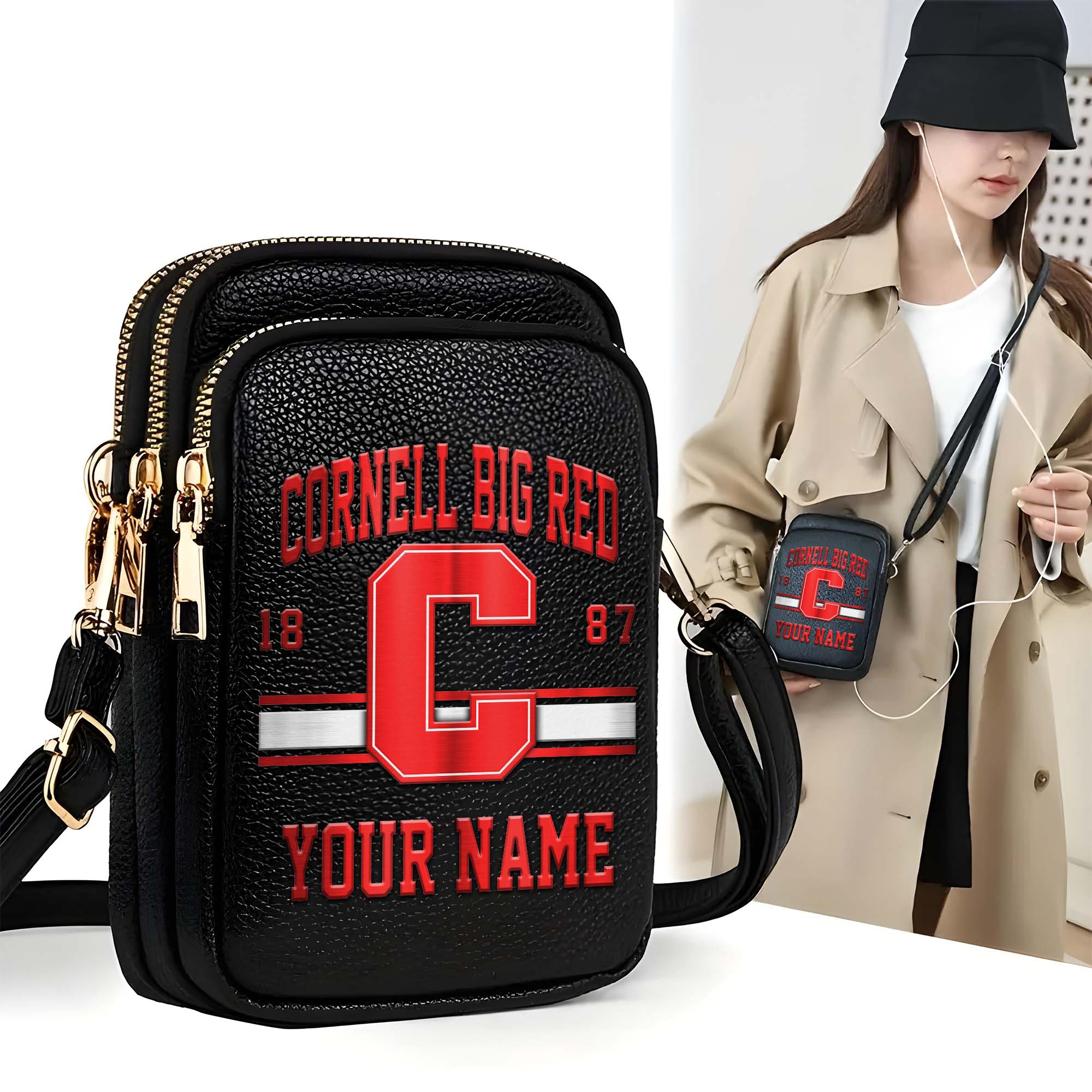 Cornell Big Red Customized Womens Mobile Phone Bag With Your Name, Leather Crossbody Bag, Fan Gifts