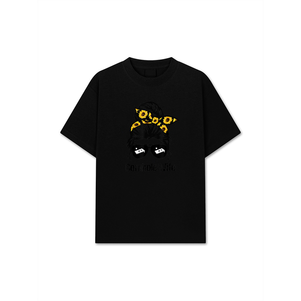 Cornhole Wife Sunflower Messy Bun Hair Glasses T-Shirt