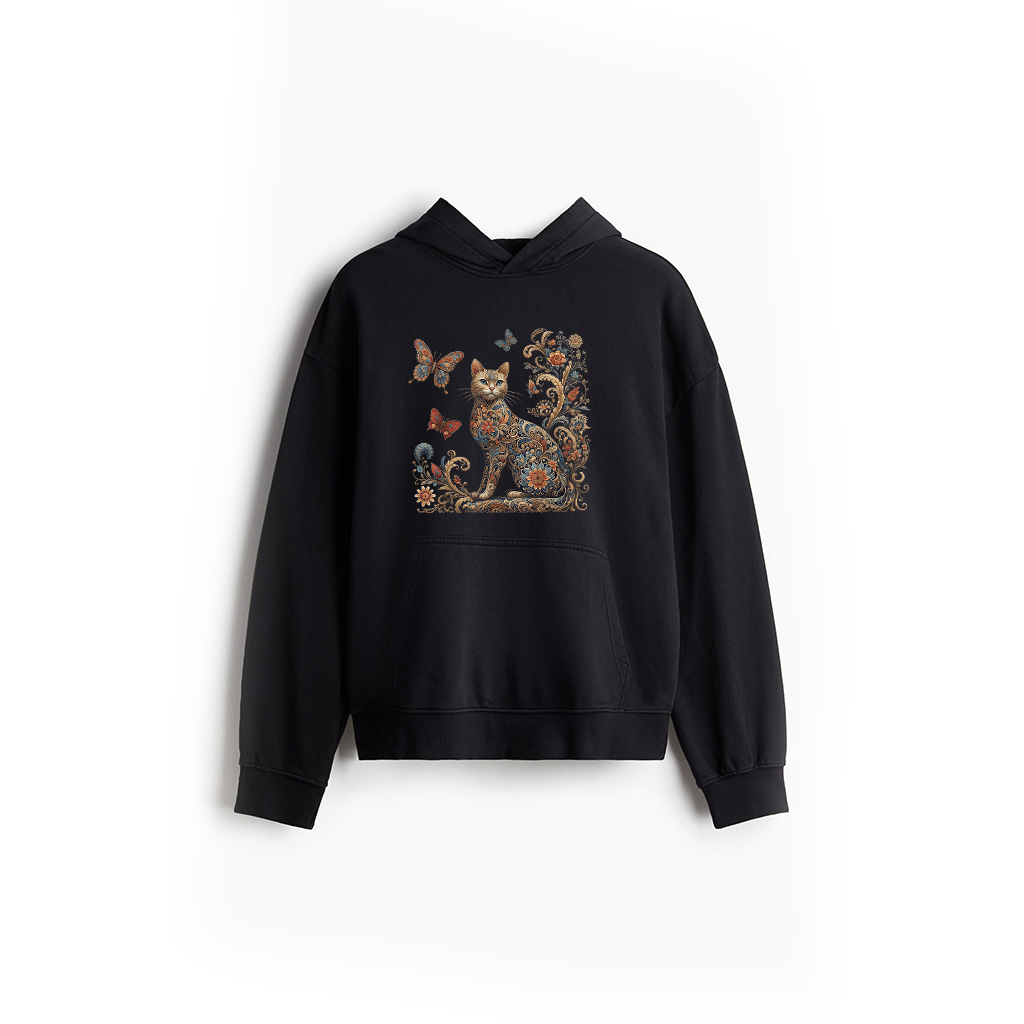 Cottagecore CaHoodie Vintage Floral Butterfly Kitten Lover Hoodie